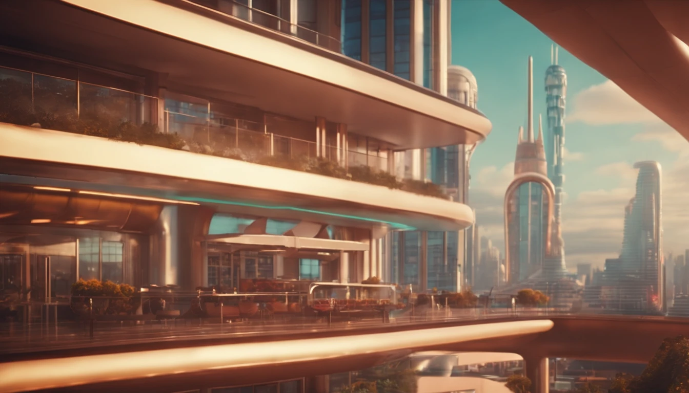 A futuristic Atompunk utopian metropolis with lots of Googie and Mid Century Modern architecture, pastels colors, soft-lighting, foco nítido, qualidade 8k, Foto RAW