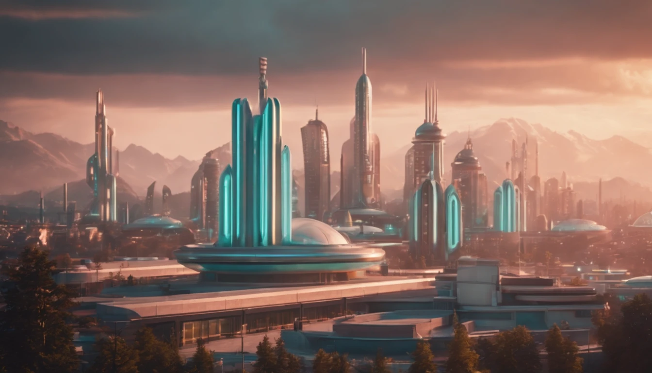 A futuristic Atompunk utopian metropolis with lots of Googie and Mid Century Modern architecture, pastels colors, soft-lighting, foco nítido, qualidade 8k, Foto RAW