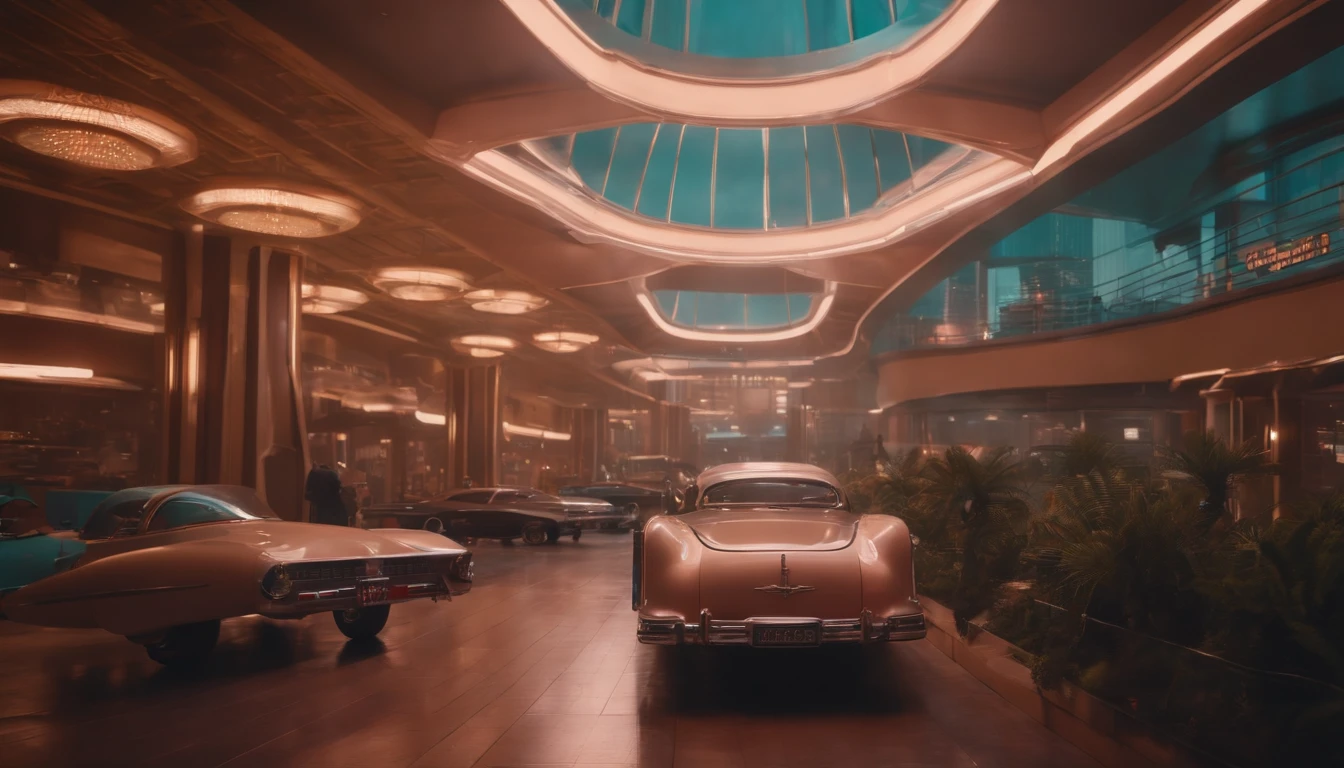 A futuristic Atompunk utopian metropolis with lots of Googie and Mid Century Modern architecture, pastels colors, soft-lighting, foco nítido, qualidade 8k, Foto RAW