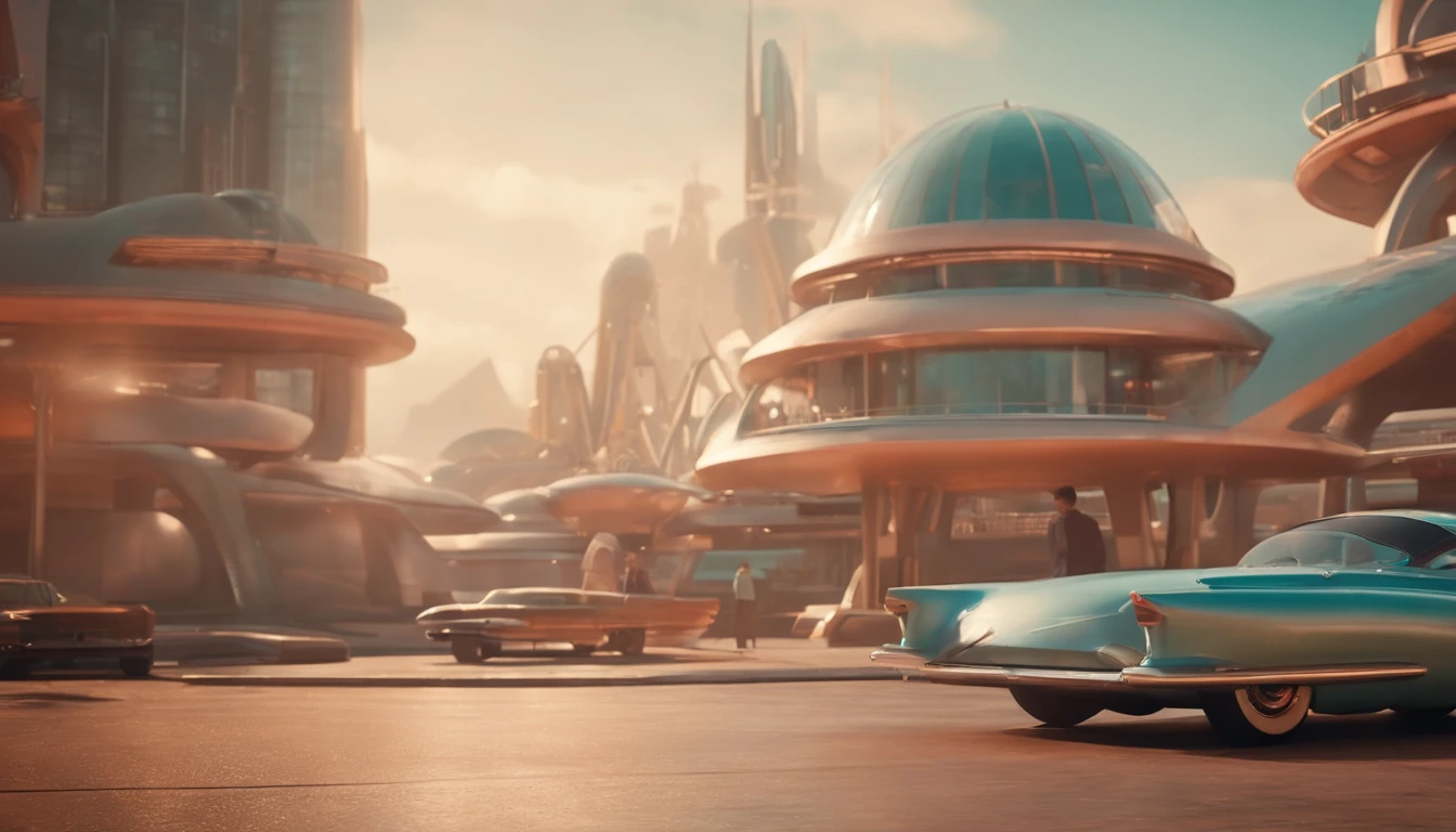 A futuristic Atompunk utopian metropolis with lots of Googie and Mid Century Modern architecture, pastels colors, soft-lighting, foco nítido, qualidade 8k, Foto RAW