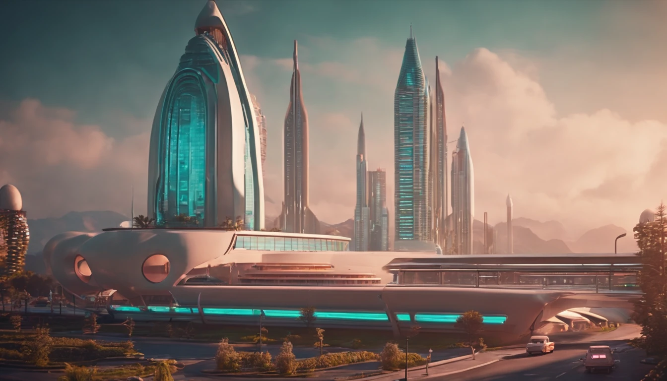 A futuristic Atompunk utopian metropolis with lots of Googie and Mid Century Modern architecture, pastels colors, soft-lighting, foco nítido, qualidade 8k, Foto RAW