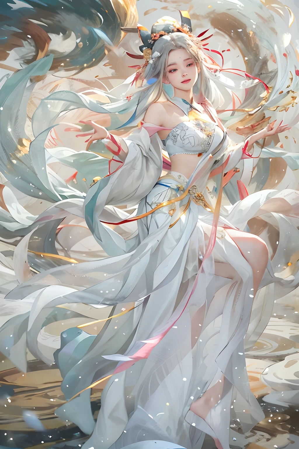 (tmasterpiece,top-quality,optimum,offcial art,Beautiful and aesthetic,Long exposure:1.2),Smooth movement,Charming Patterns, 1 rapariga,(Long Skirt with Sleeves:1.3),(((white clothes))),full body closeup,No Shoulders,Chinese girl,Blushlush,White Rob hair, sportrait,独奏,The whole body of the body,gaze at the observer,detailedbackground,Detailed face,(crystallineAI, Crystalline Theme:1.1),Amaterasu、elemental wind elves,Swirling wind,control the wind,White crystal clothes,dynamicposes,particles floating,Ethereal Power,Round and round,steams,whirlwind in the background,White tones,Round and round,Ethereal Atmosphere,White stockings、voluptuous breasts、a smile、Innocent、Ripples under your feet