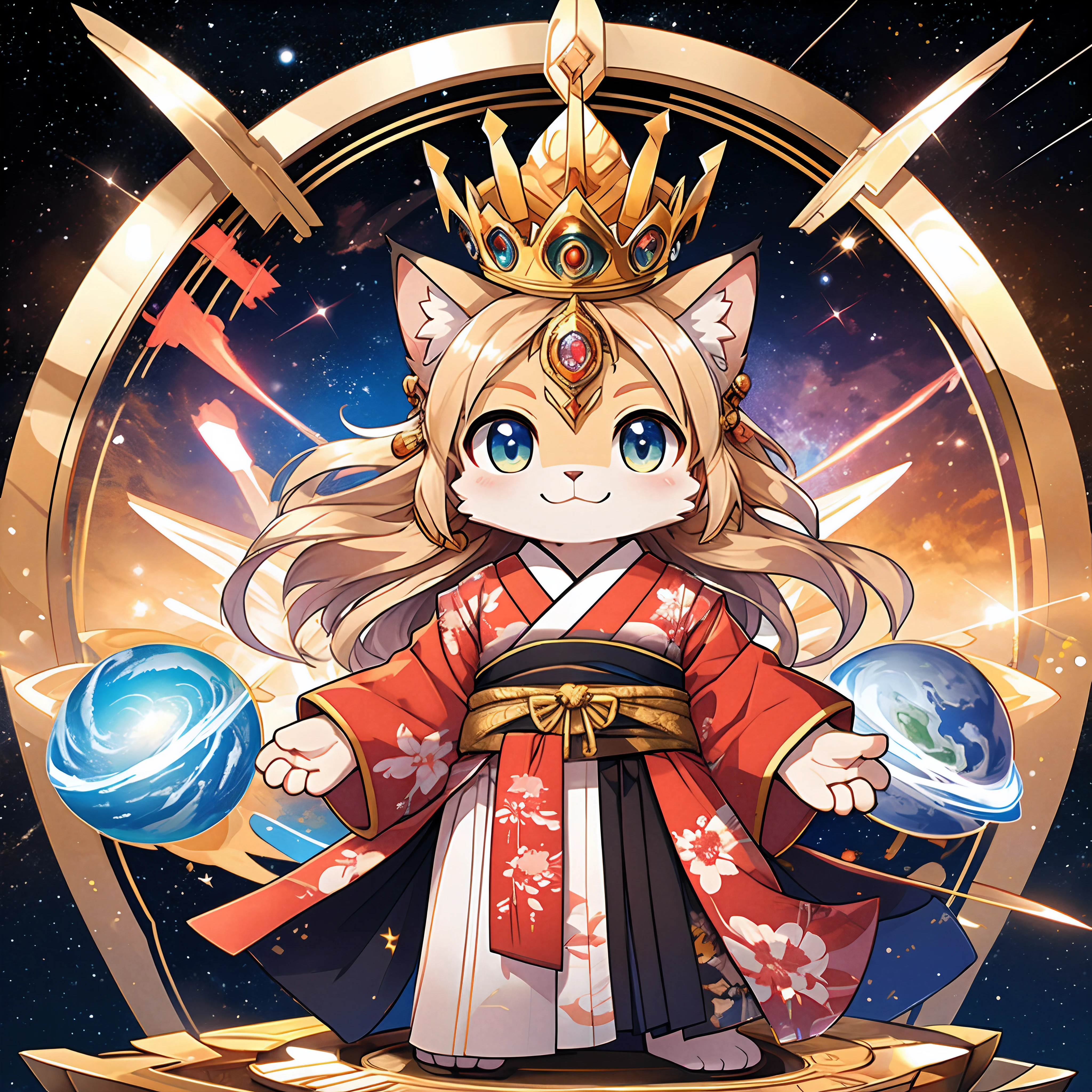 top-quality, ​masterpiece, High-density illustration, Icon Illustration, Full Body Display, (The Great God of the Japan of Creation), Advent from a fantastic space, Cute Face Goddess, A smile that brings happiness, Chibi Chara,(Looking at the camera from the front), Gorgeous costume with a Japan kimono motif, crown on head, Cat character, Colorful colors, Golden treasure in the background, Magnificent outer space and earth and halo to high, Detailed contrasting colors