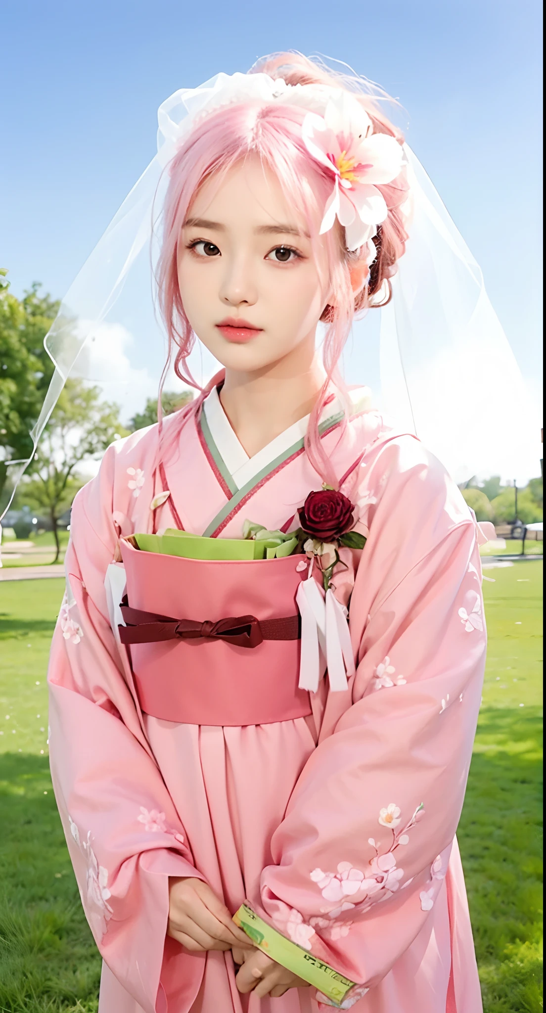 Real life adaption of this character, korean beauty face , realistic outfit Japanese wedding dress, realistic shadow, realistic light, realism, hyper realistic, realistic background,(photorealistic:1.2),holding baby girl, looking to viewer, beauty flower in her head