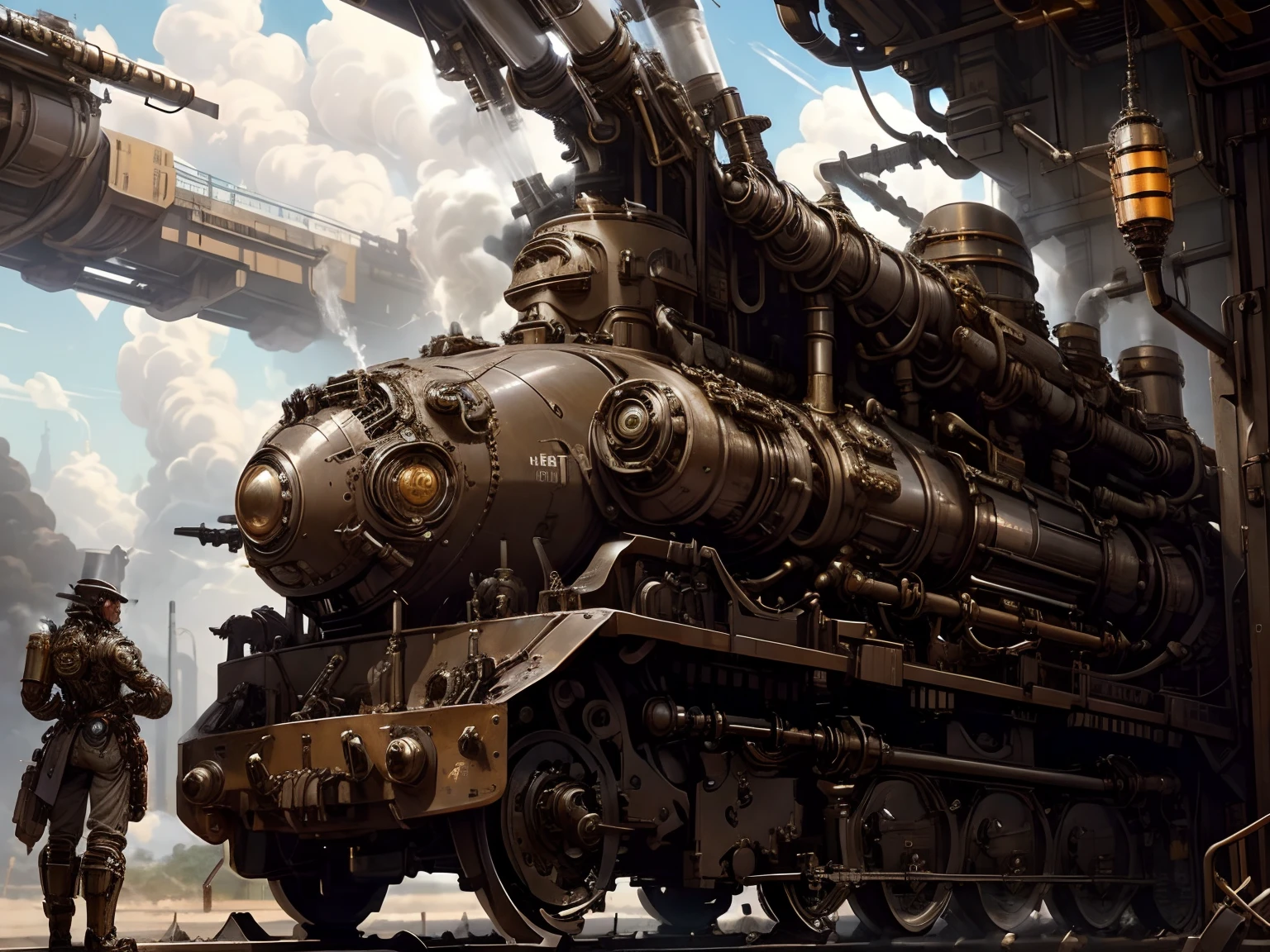 Robotic bullet train, futuristic steampunk, steam jet engine, steam mechanisms, hyper details