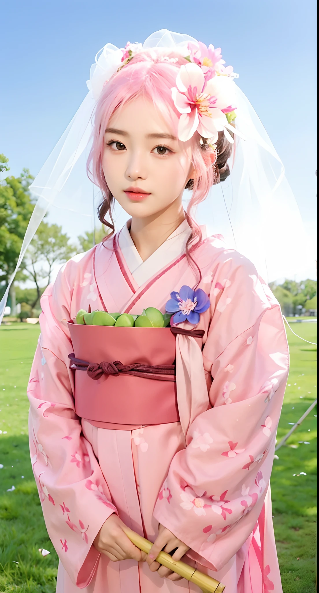 Real life adaption of this character, korean teen beauty face , realistic outfit Japanese wedding dress, realistic shadow, realistic light, realism, hyper realistic, realistic background,(photorealistic:1.2),holding baby girl, looking to viewer, beauty flower in her head, wearing kimono