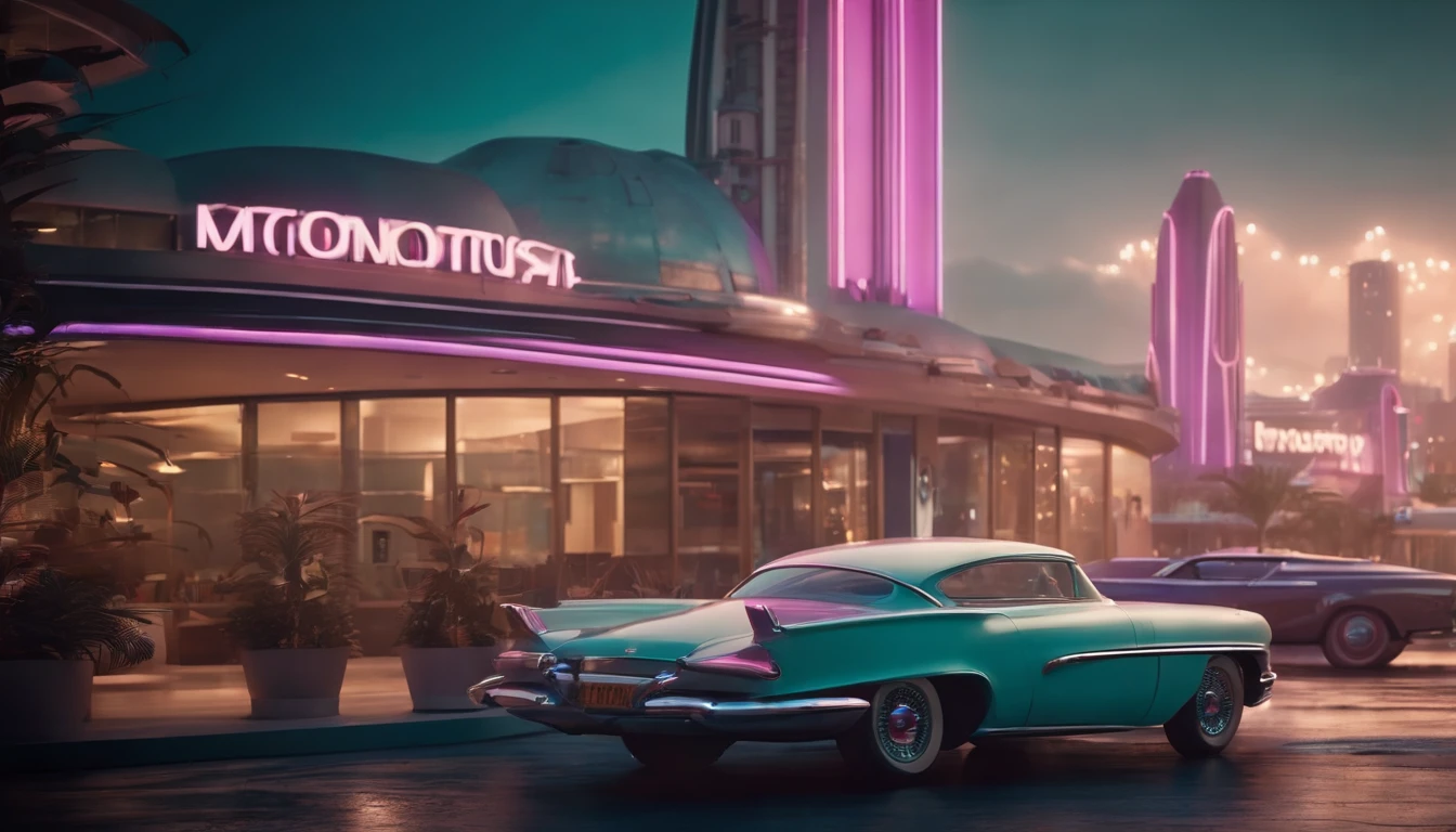 A futuristic Atompunk utopian metropolis with lots of Googie and Mid Century Modern architecture, pastels colors, soft-lighting, foco nítido, qualidade 8k, Foto RAW