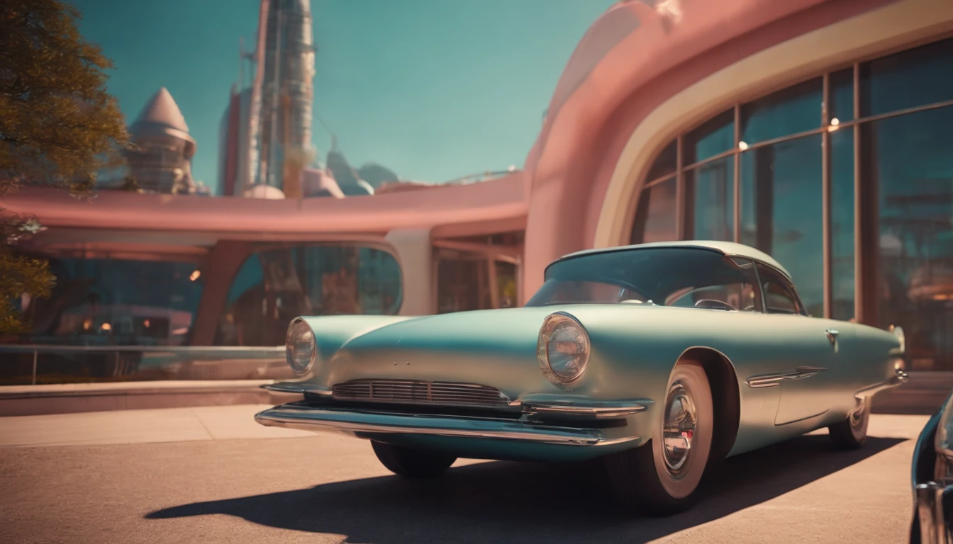 A futuristic Atompunk utopian metropolis with lots of Googie and Mid Century Modern architecture, pastels colors, soft-lighting, foco nítido, qualidade 8k, Foto RAW