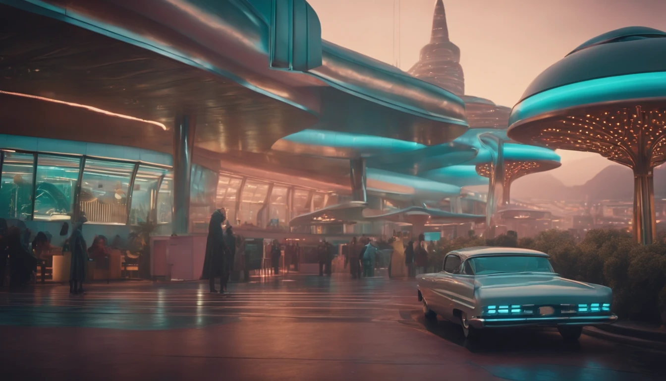 A futuristic Atompunk utopian metropolis with lots of Googie and Mid Century Modern architecture, pastels colors, soft-lighting, foco nítido, qualidade 8k, Foto RAW
