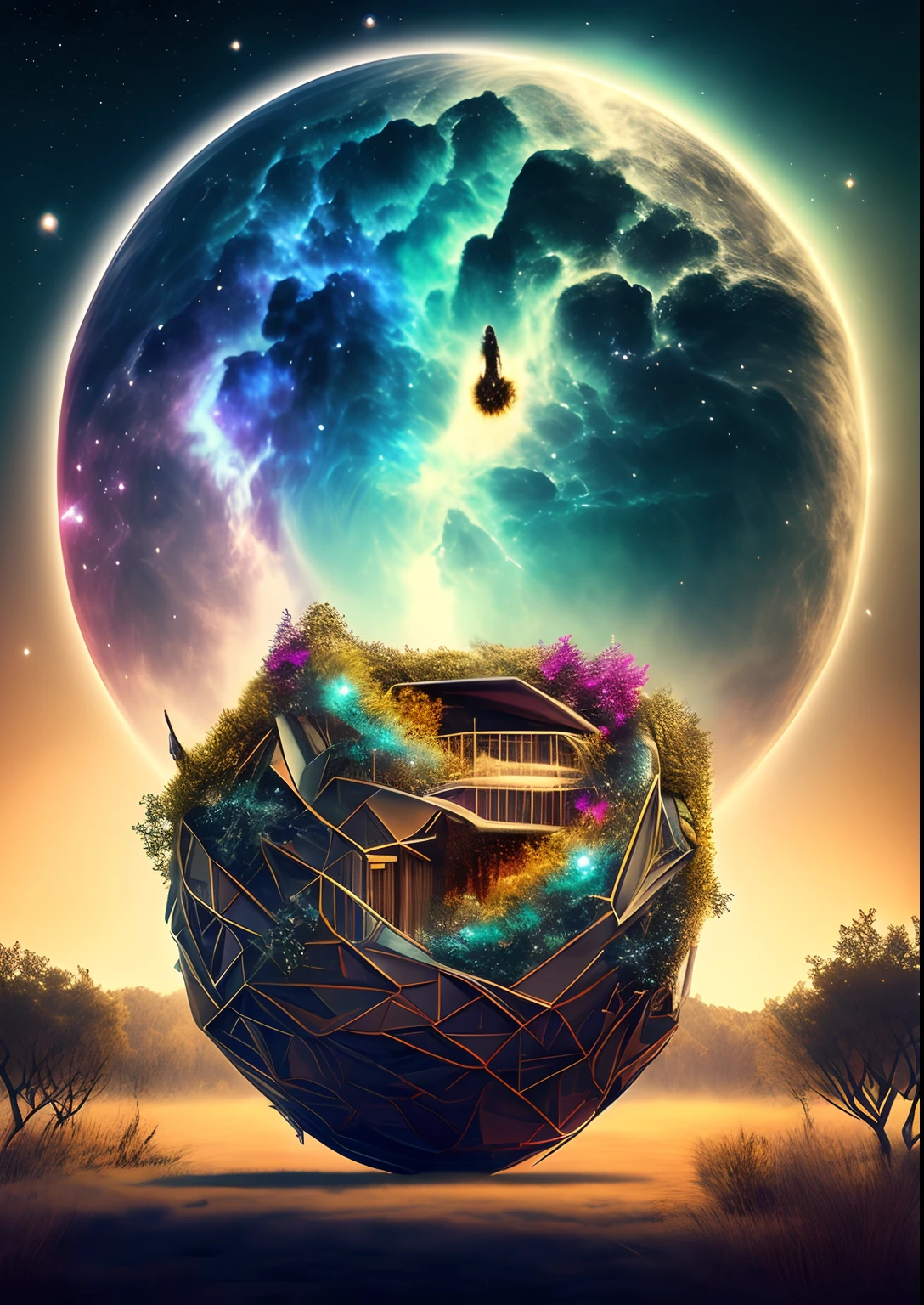 dreamlikeart, galaxy, outer space, nebula, star, [cyberpunked] Bird's Nest from the Stars.. (star:1.5),