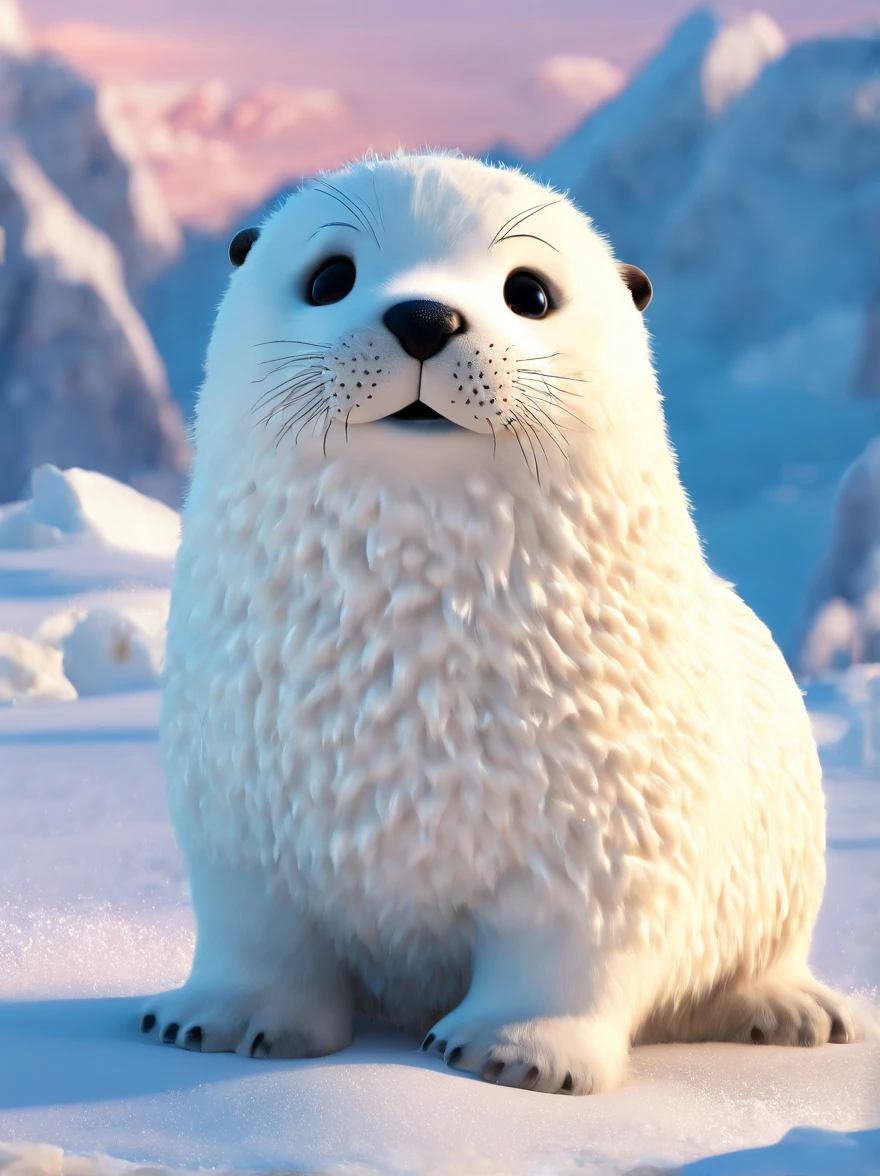 cute harp seal with fluffy fur covered in snow, in the arctic, vivid colors, 3d render, bright lighting, vivid colors, grinning from ear to ear,
