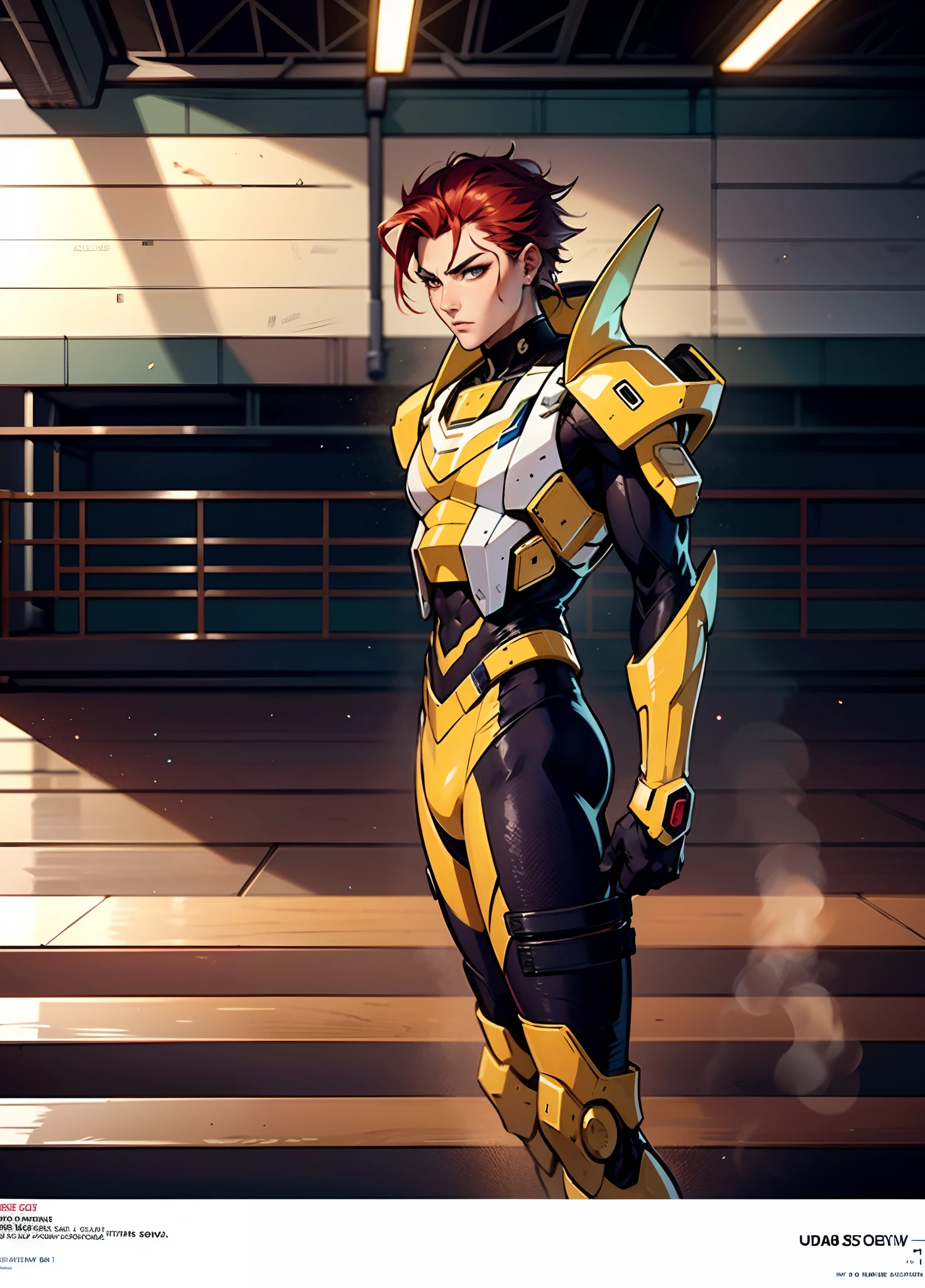 A man with short red-gold hair, hair slicked back, thick and disheveled hair, a cold and ruthless gaze, a confident expression, wears a two-piece futuristic military-style uniform, primarily in shades of white and red, accented by touches of yellow, streamlined wristguard gloves, matching trousers, he stands in a futuristic sci-fi-style hangar housing a colossal mech, stands within a futuristic sci-fi hangar, where a colossal mech is stationed, this character embodies a finely crafted futuristic military officer in anime style, characterized by an exquisite and mature manga illustration art style, high definition, best quality, highres, ultra-detailed, ultra-fine painting, extremely delicate, professional, anatomically correct, symmetrical face, extremely detailed eyes and face, high quality eyes, creativity, RAW photo, UHD, 8k, Natural light, cinematic lighting, masterpiece:1.5
