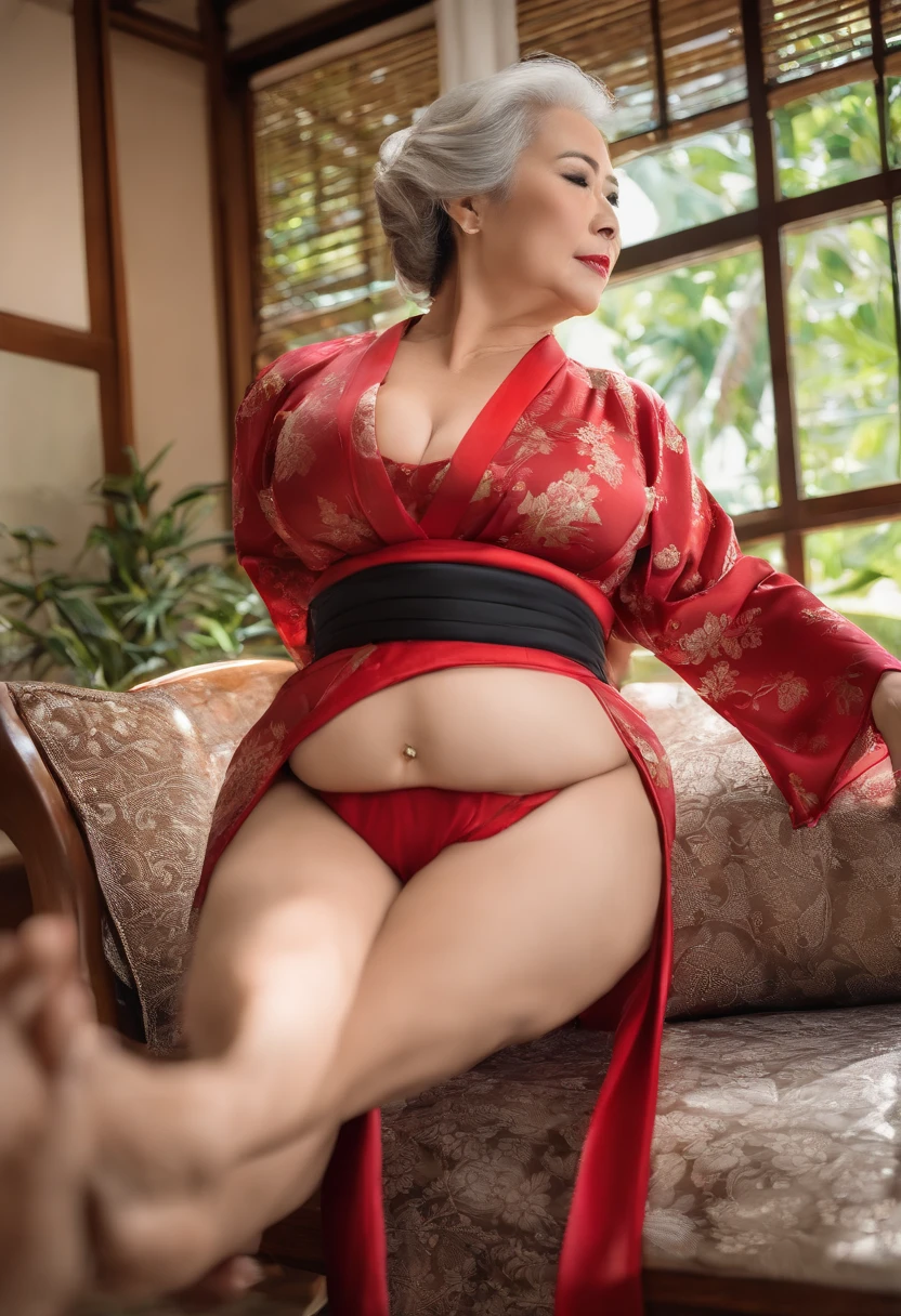 Noblewomen over 55 years old, busty figure,highr,Hakata yukata, opening Hakata yukata, grabbing her breasts, breasts showing, ample cleavage, Intimidating woman, Palatial woman, beautiful thick female, Thick legs, sexy dominant pose, Dominatrix, Mistress, Strong legs,domination