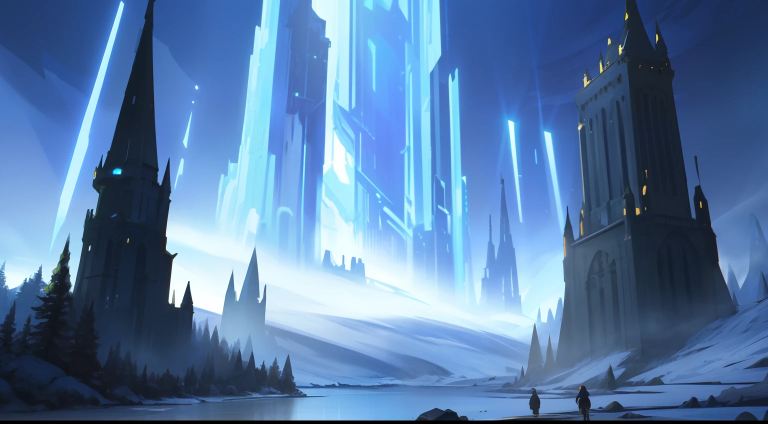 super fine photo, landscape picture, Unreal Engine 5 8K UHD, ultra high resolution, look up camera view, fantasy background, game cinematic, colossal flying tower with blue shining crystal on top, mountain and forest landscape under the tower, dark environment, best quality, masterpiece, 8K UHD wallpaper, super detailed.