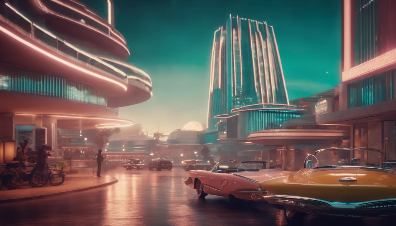 A futuristic Atompunk utopian metropolis with lots of Googie and Mid Century Modern architecture, pastels colors, soft-lighting, foco nítido, qualidade 8k, Foto RAW