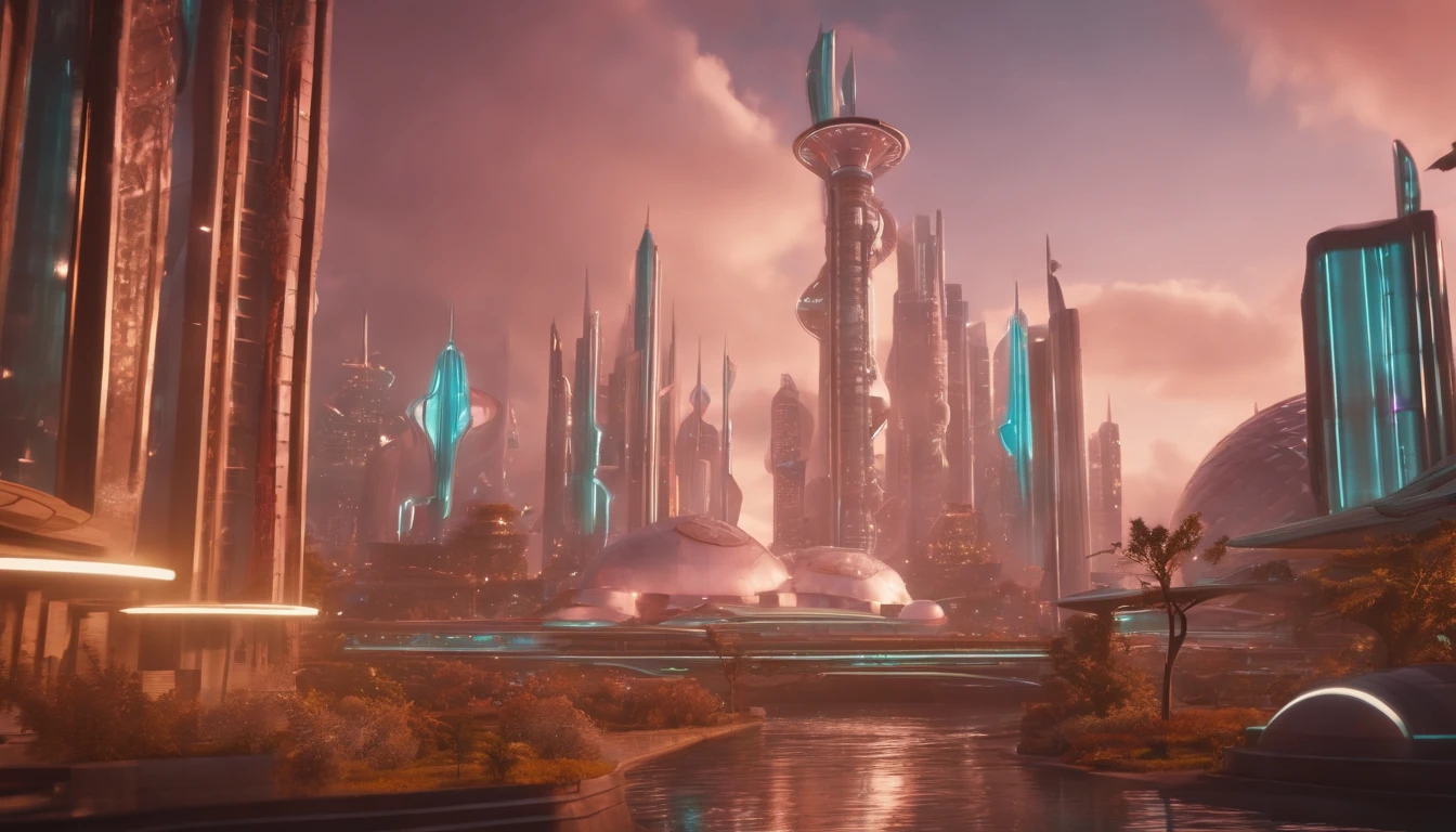 A futuristic Atompunk utopian metropolis with lots of Googie and Mid Century Modern architecture, pastels colors, soft-lighting, foco nítido, qualidade 8k, Foto RAW