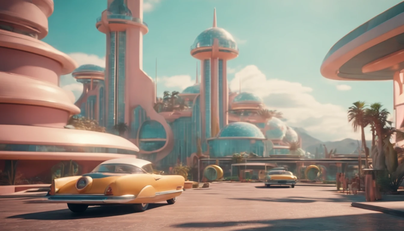 A futuristic Atompunk utopian metropolis with lots of Googie and Mid Century Modern architecture, pastels colors, soft-lighting, foco nítido, qualidade 8k, Foto RAW