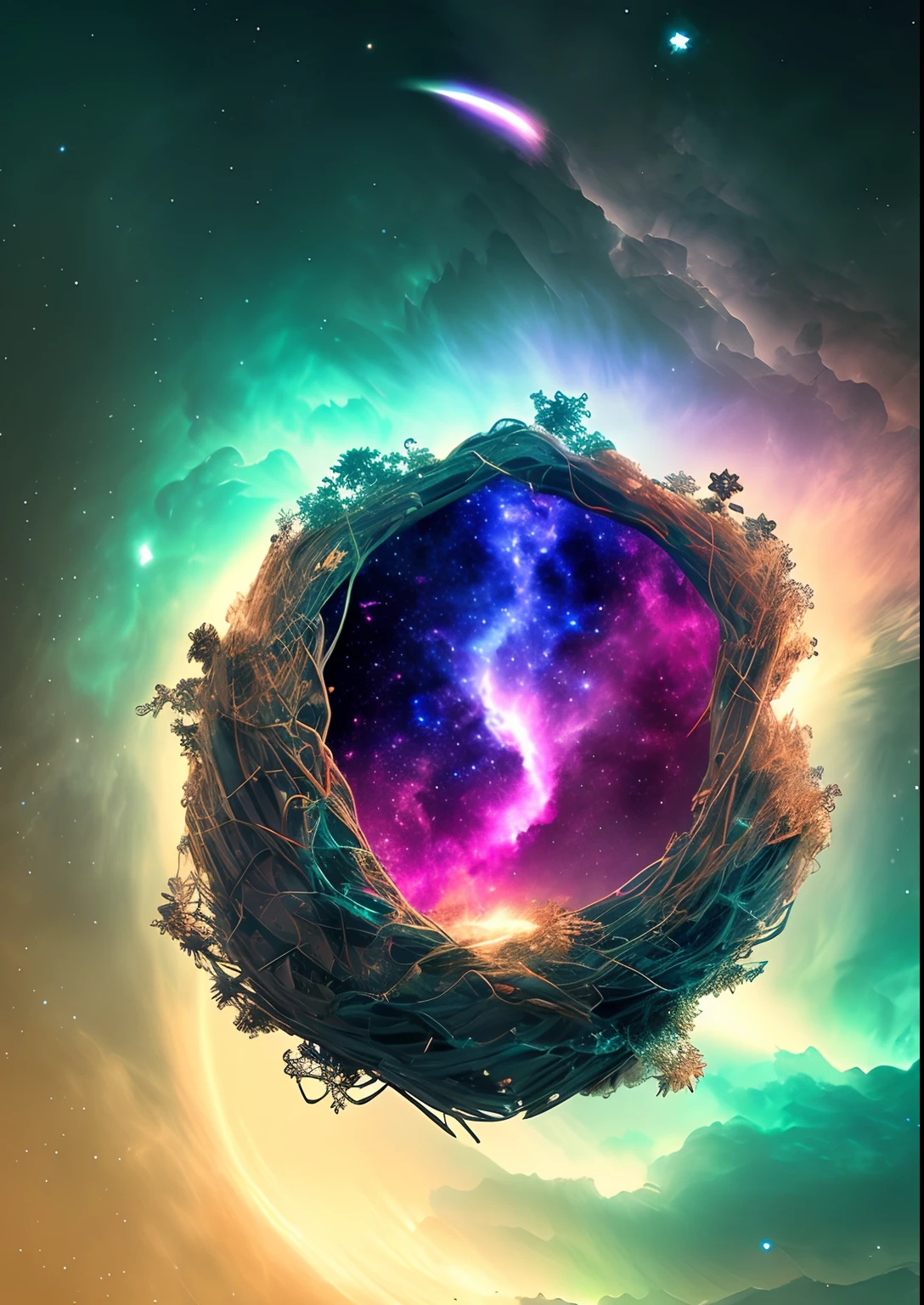 dreamlikeart, galaxy, outer space, nebula, star, [cyberpunked] Bird's Nest from the Stars.. (star:1.5),
