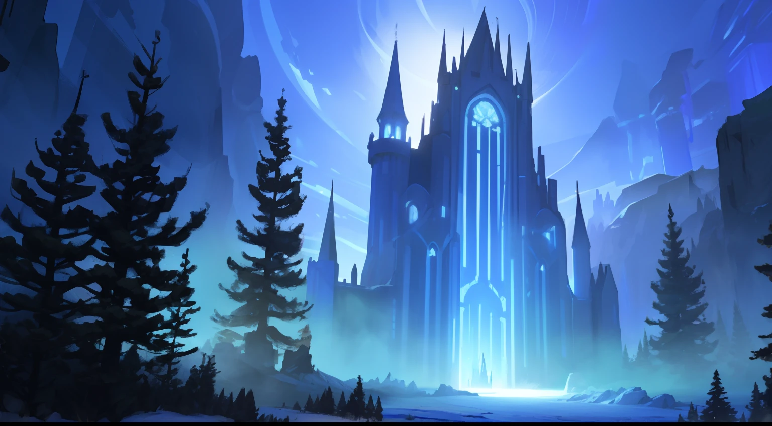 super fine photo, landscape picture, Unreal Engine 5 8K UHD, ultra high resolution, look up camera view, fantasy background, game cinematic, colossal flying tower with blue shining crystal on top, mountain and forest landscape under the tower, dark environment, best quality, masterpiece, 8K UHD wallpaper, super detailed.