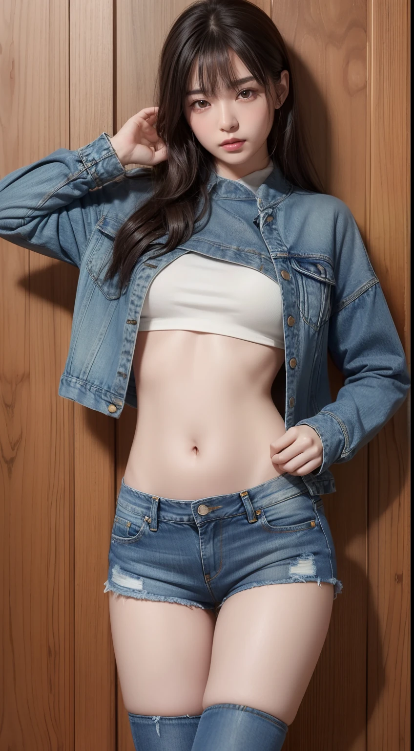 (masuter piece:1.3)、(8K、Photorealsitic、Raw photography、top-quality: 1.4)、(1girl in)、beautiful countenance、(Lifelike face)、(A dark-haired、Long)、
Beautiful hairstyle、realisticeyes、Beautiful details、（real looking skin）、Beautiful skins、absurderes、enticing、超A high resolution、A hyper-realistic、high-detail、the golden ratio、
((wide open abdomen))、((open abdomen))、((wide open navel))、((open navel))、((Mid-Riff Sweater))、((Ultra-low rise、Denim shorts))、
((Navel Ejection))、((small hips))、((long limbs))、((Full body depiction))、((small  hip))、(long boots)、((Ultra-low rise))、((Denim shorts))、
((is standing))、