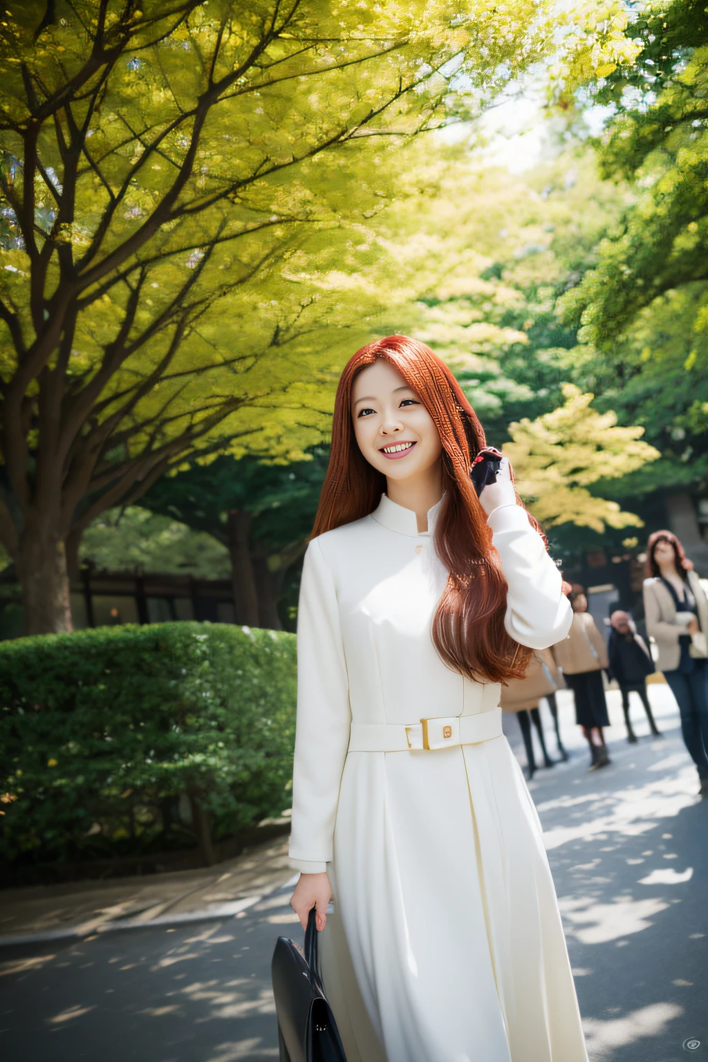 ((masutepiece,Best Quality)),8K Wallpaper,1girl in, Long hair, Red hair, Solo, Dress, Red Eyes, Looking at Viewer, Long sleeves, Standing, building, White Dress, gloves, Hair Ornament, Black jacket, Smile, Floating hair, Dutch Angle, Closed mouth, Looking away, Outdoors, Meiji Jingu Gaien、In front of the Art Gallery、Gingko tree