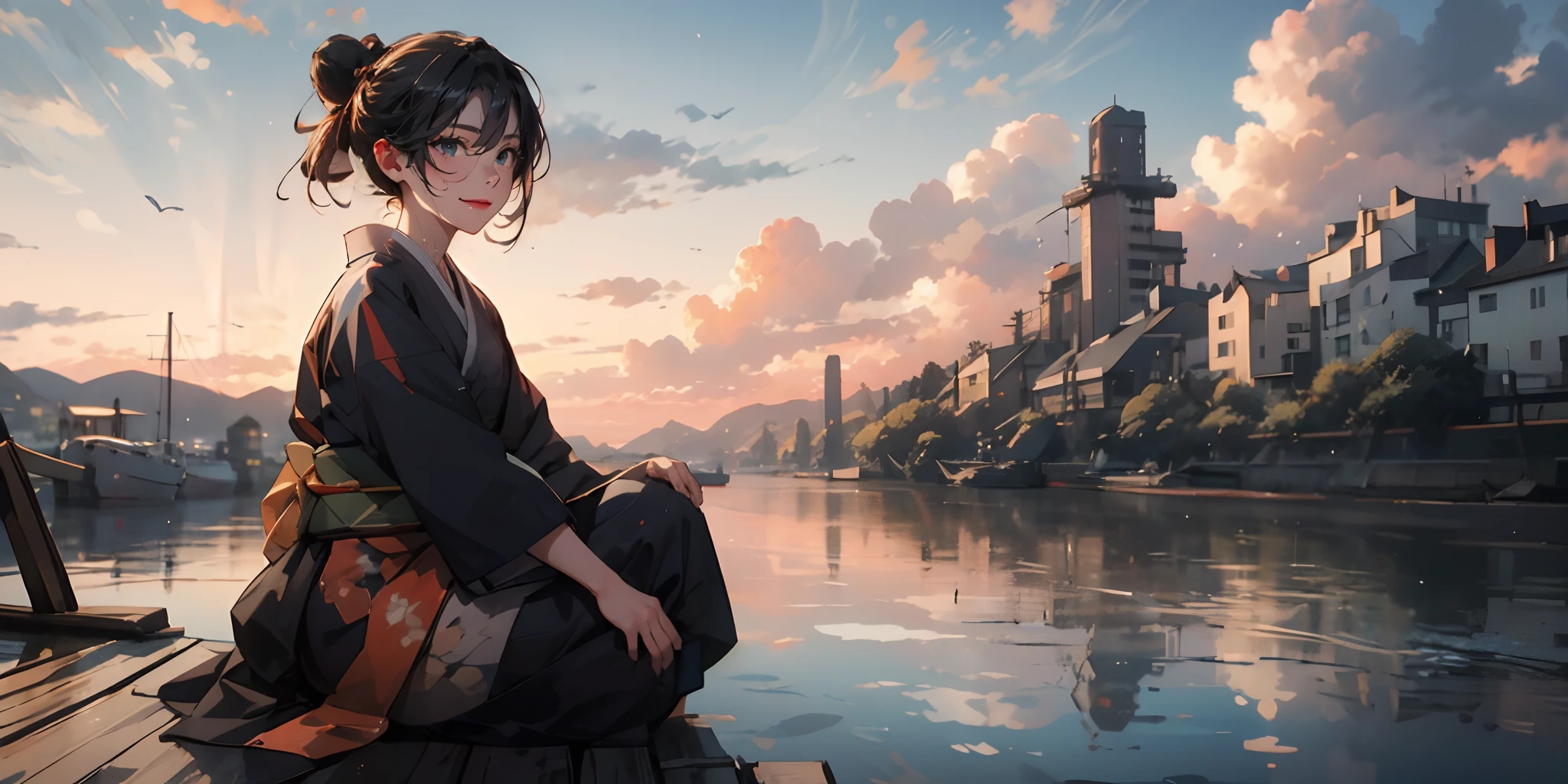 japanese_clothes, hair_bun, kimono, sky, cloud, water, black_hair, 1girl, outdoors, sunset, sitting, sash, river, reflection, cityscape, evening, cloudy_sky, city, looking_at_viewer, obi, bangs, twilight, scenery, solo, building, smile, wide_sleeves, pier, standing, long_sleeves, closed_mouth, lake, brown_hair, watercraft, boat, mountain, ocean