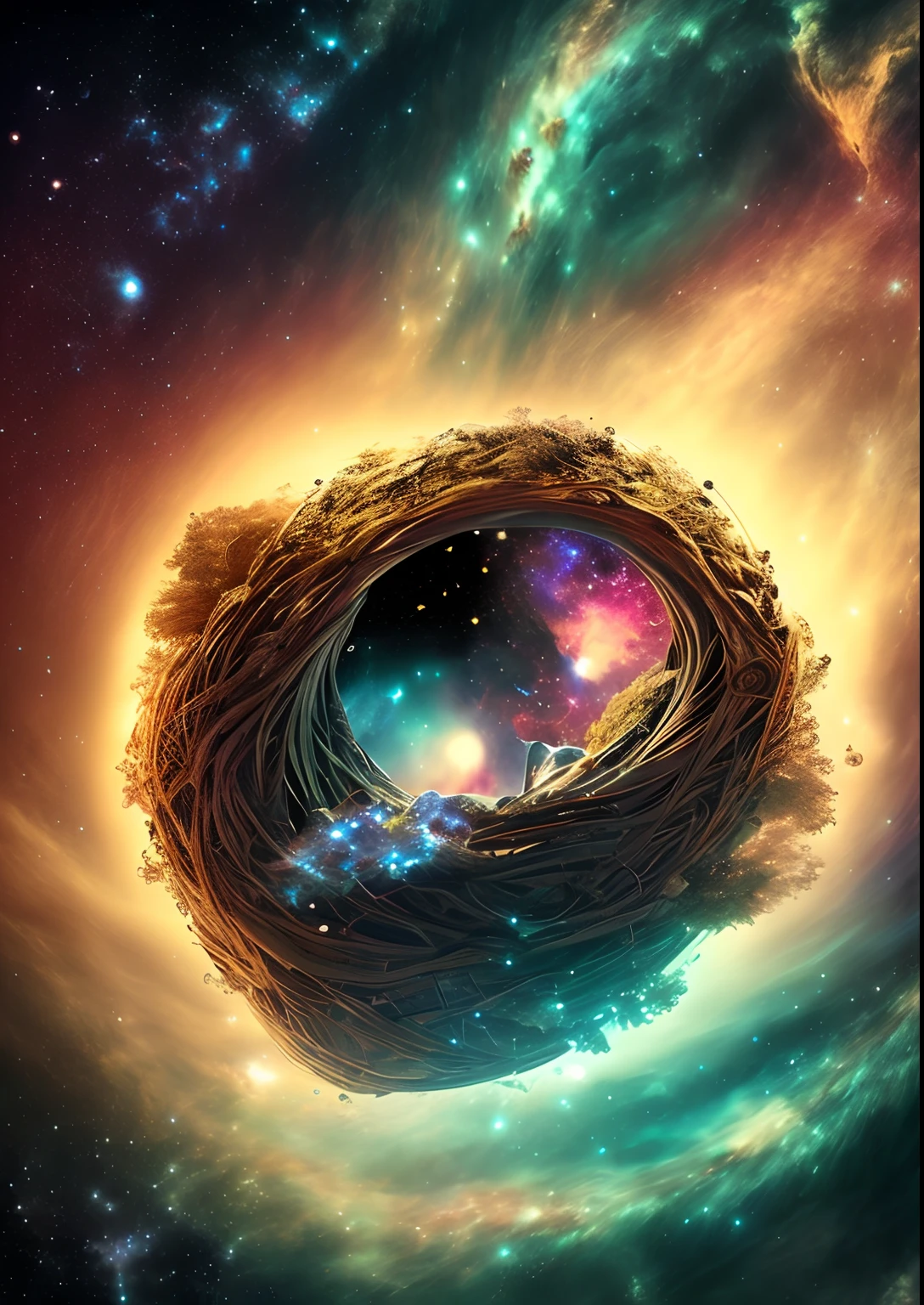 dreamlikeart, galaxy, outer space, nebula, star, [cyberpunked] Bird's Nest from the Stars.. (star:1.5),