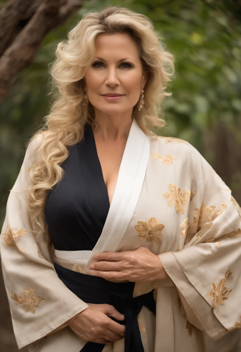 Photo of mature American woman,A MILF,Beautiful face,Curly blonde hair,No bra,visible nipple, wrinkles, oud, Necklace, Crowded paper room, gros-plan, Neutral colors, Barren land,huge-breasted,Round breasts,Big cleavage, Hakata yukata, opening Hakata yukata, grabbing her breasts, breasts showing, ample cleavage