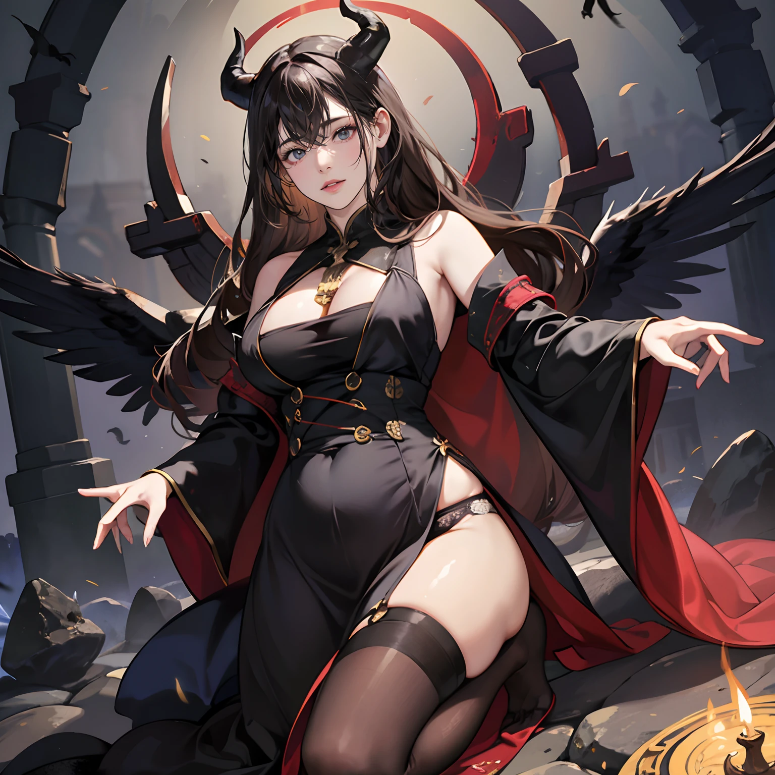 Women in Their 20s, Fantasia、offcial art, unity 8k wall paper, ultra-detailliert, beautifly、Aesthetic, masterpiece, top-quality, Photorealsitic、Hell、Restrained female demons、Black underwear、Braids、the presence of horns on the head、with black eagle wings on its back,,、Staring at this:2.0、Curse ritual、Dark Magic、Stone pedestal、Blood、crows、abajour、depth of fields, Fantastic atmosphere, Calm palette, tranquil mood, Soft shading、bbw、very large breast、plump figure、
