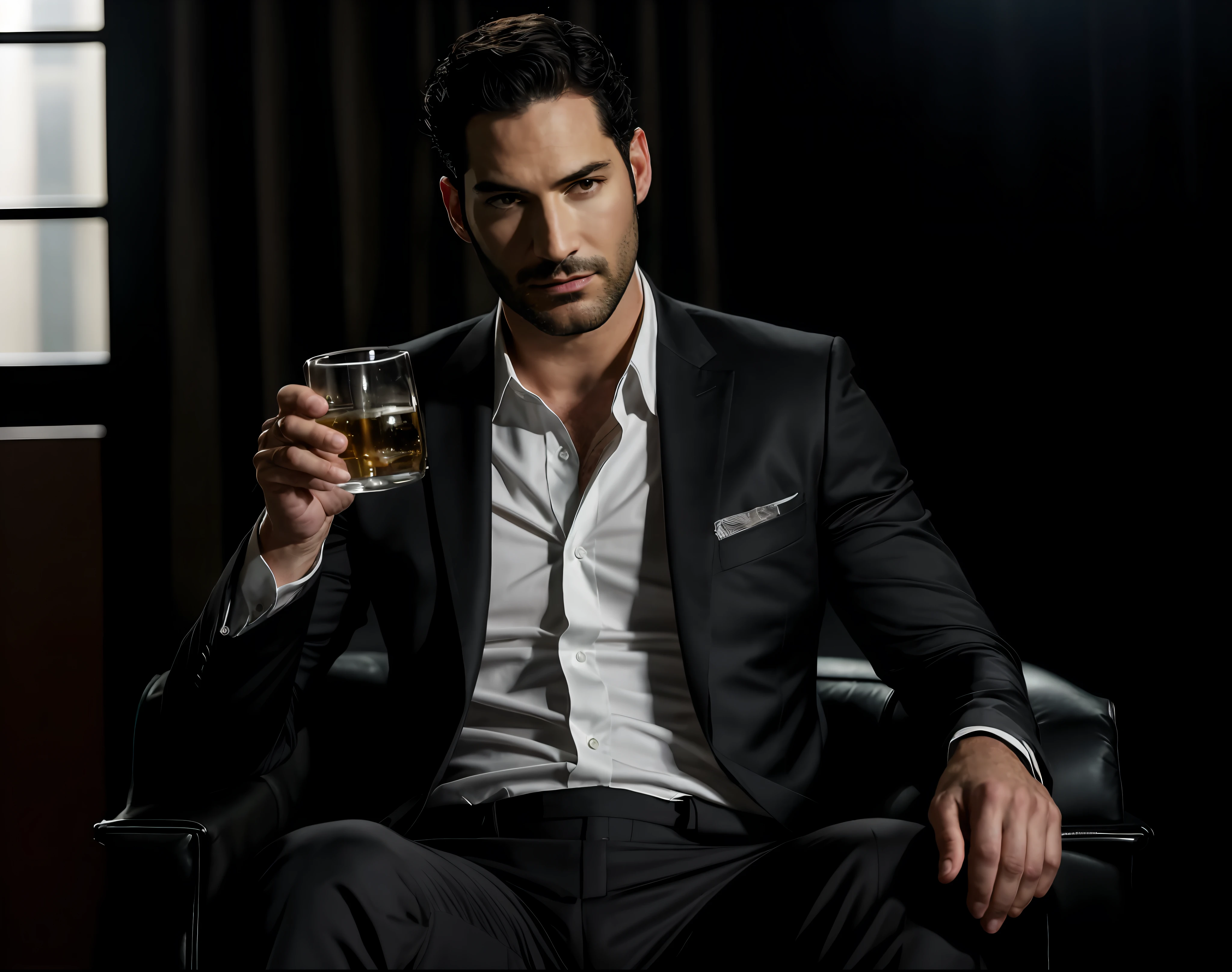 create Ceo Man wearing black suit), Tom Ellis from the Lucifer series, Netflix Lucifer style, strong and muscular, with square jaw and marked and defined (Moreno with model face), wearing dark beard, dark short hair, city image background Greece, man similar to actor Tom ellis, (high quality and realistic image), cinematic style, ((Best quality,  8k, Masterpiece).
