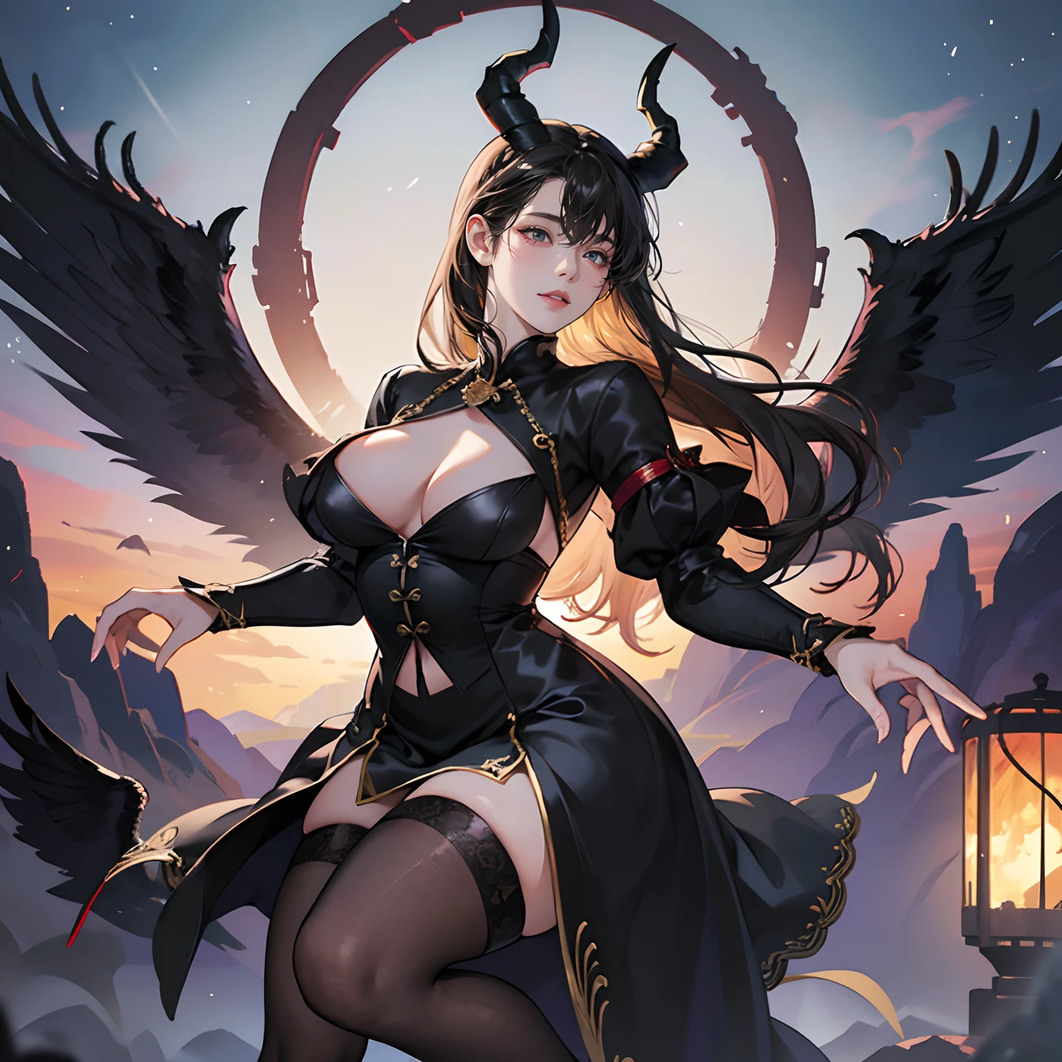 Women in Their 20s, Fantasia、offcial art, unity 8k wall paper, ultra-detailliert, beautifly、Aesthetic, masterpiece, top-quality, Photorealsitic、Hell、Restrained female demons、Black underwear、Braids、the presence of horns on the head、with black eagle wings on its back,,,、Staring at this:2.0、Curse ritual、Dark Magic、Stone pedestal、Blood、crows、abajour、depth of fields, Fantastic atmosphere, Calm palette, tranquil mood, Soft shading、bbw、very large breast、plump figure、Night forest background