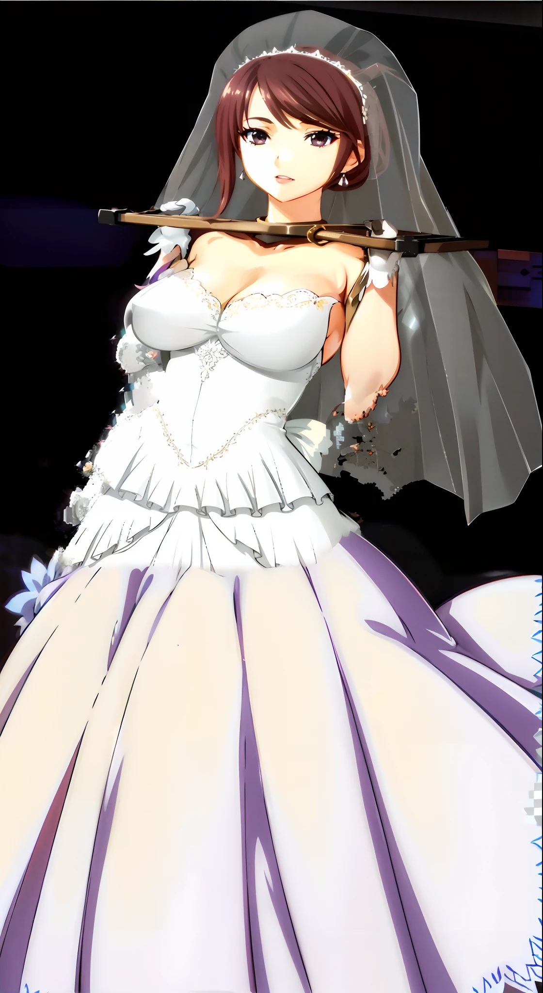 ingrid, (Gorgeous white wedding dress:1.2),ultra miniskirt,Gorgeous tiara,long wedding veil, mature female, (dark-skinned female:1.2), dark skin, determined, pink red hair, very long hair, hair intakes, makeup, lipstick, (mole under mouth:0.8), eyelashes, yellow eyes, looking at viewer, church,(highres, high quality:1.1), intricate details, cinematic lighting, 1girl,(red blush,embarrassed),show off pussy,pussy focus,(no panties), from below,(metal collar)