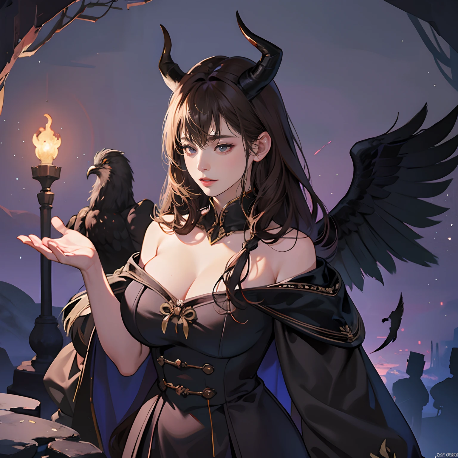 Women in Their 20s, Fantasia、offcial art, unity 8k wall paper, ultra-detailliert, beautifly、Aesthetic, ​masterpiece, top-quality, Photorealsitic、Hell、Restrained female demons、Black underwear、Braids、the presence of horns on the head、with black eagle wings on its back,,,、Staring at this:2.0、Curse ritual、Dark Magic、Grave marker、Stone pedestal、Blood、crows、depth of fields, Fantastic atmosphere, Calm palette, tranquil mood, Soft shading、bbw、very large breast、plump figure、