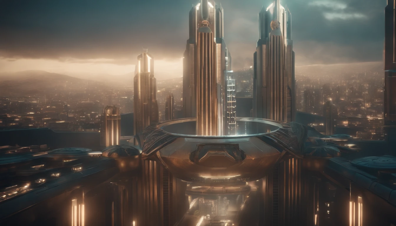 A futuristic Decopunk utopian metropolis with lots of Art Deco architecture, soft-lighting, foco nítido, qualidade 8k, Foto RAW