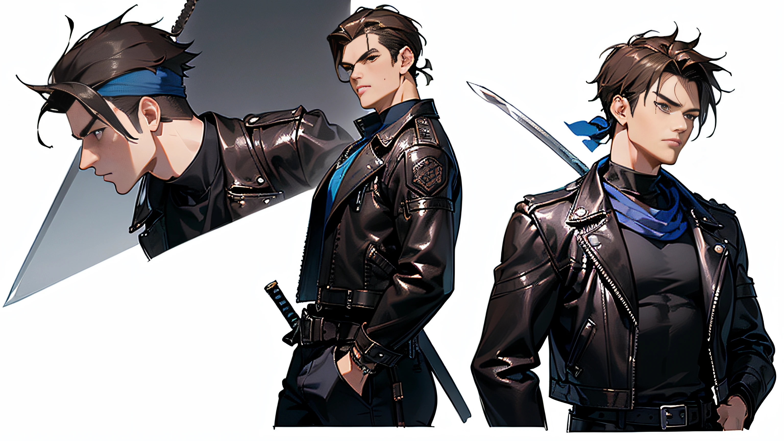 ((Best Quality)), ((Masterpiece)), ((Realistic)) 21 year old, male, short spiky brown hair, (((blue bandana, black shirt, black pants, leather jacket, sword on belt))), serious face, (((detailed character sheet, frontal view, side view, three quarter view))) (((white background))) 6 and a half heads full body