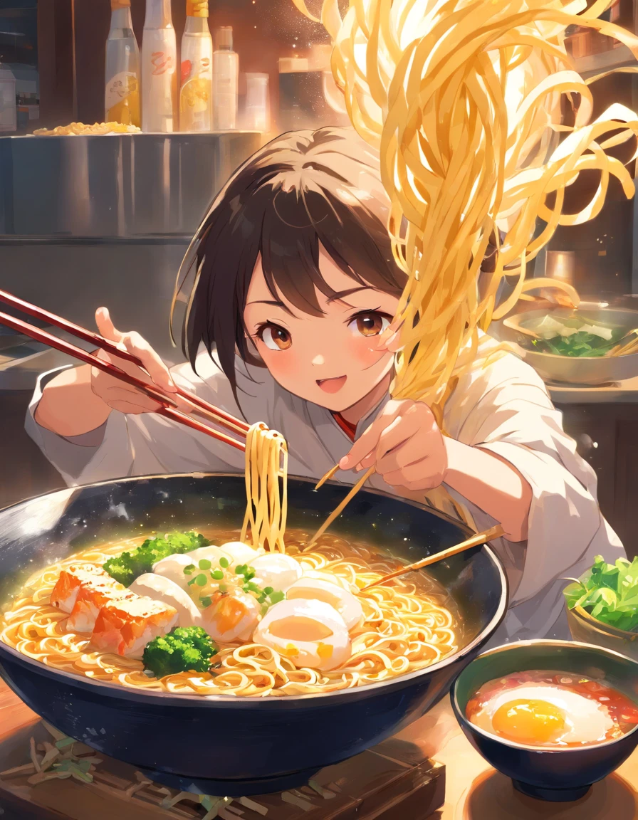 Delicious and tempting spicy noodles,Fresh vegetables are plentiful,The poached egg aroma is overflowing,The brown conch is delicious and delicious,Pepper has a strong flavor,The yellow bamboo shoots are crispy and delicious,The fungus has a delicate taste,Tofu has a good aftertaste,The noodles picked up by chopsticks are fragrant。illustration, tempura,