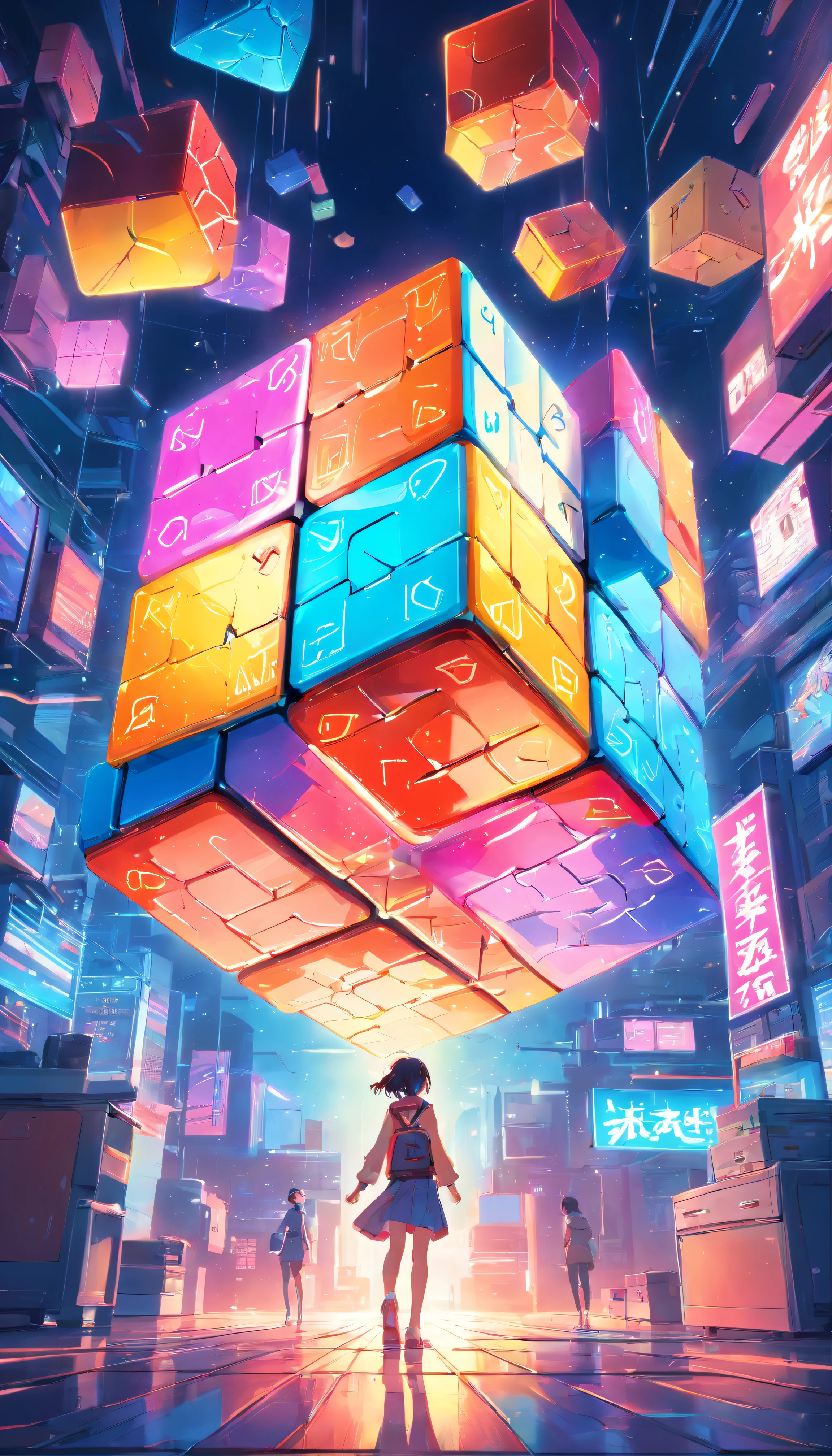 Concept art of Neon Rubik's Cube, Neon effect in a beautiful atmosphere, concept-art, Ray tracing, Perfect visuals, High dynamic range effect, 3D blender, Resource Library, Art Station, hentail realism, retro-futurism