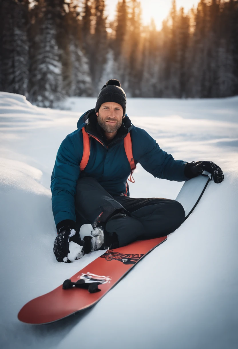 skier sitting on the snow with his snowboard in the air, holding a snowboard, jason statham skiing, 🌻🎹🎼, by Emma Andijewska, 🦩🪐🐞👩🏻🦳, cold as ice! 🧊, wonderful masterpiece, 🕹️ 😎 🚬, by Magdalene Bärens, minna sundberg