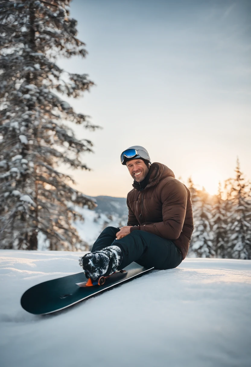 skier sitting on the snow with his snowboard in the air, holding a snowboard, jason statham skiing, 🌻🎹🎼, by Emma Andijewska, 🦩🪐🐞👩🏻🦳, cold as ice! 🧊, wonderful masterpiece, 🕹️ 😎 🚬, by Magdalene Bärens, minna sundberg