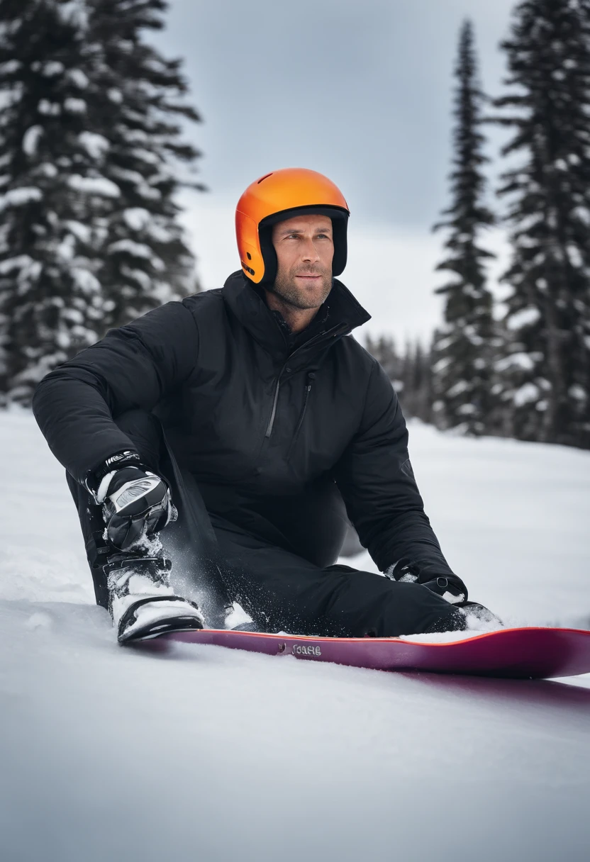 skier sitting on the snow with his snowboard in the air, holding a snowboard, jason statham skiing, 🌻🎹🎼, by Emma Andijewska, 🦩🪐🐞👩🏻🦳, cold as ice! 🧊, wonderful masterpiece, 🕹️ 😎 🚬, by Magdalene Bärens, minna sundberg