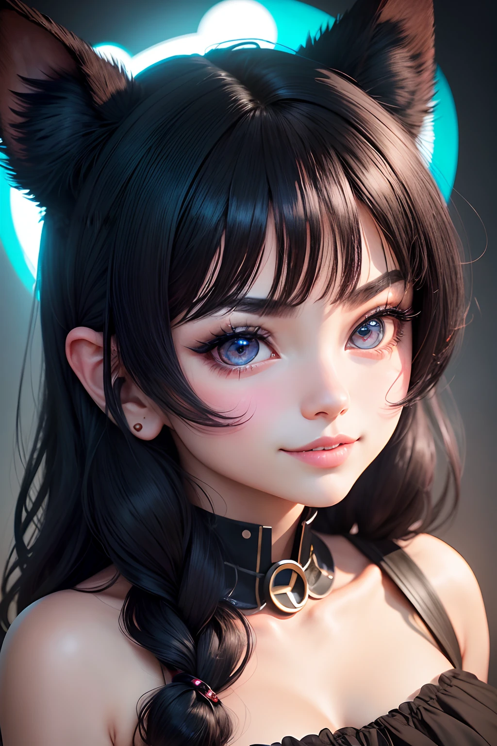 Big-eyed beauty Black hair, hair bobbles, wince, longeyelashes, solid circle eyes, fake animal ears, light smile, ear blush, fang, Surrealism, drop shadow, anaglyph, stereogram, tachi-e, pov, atmospheric perspective, 8k, super detail, ccurate, best quality