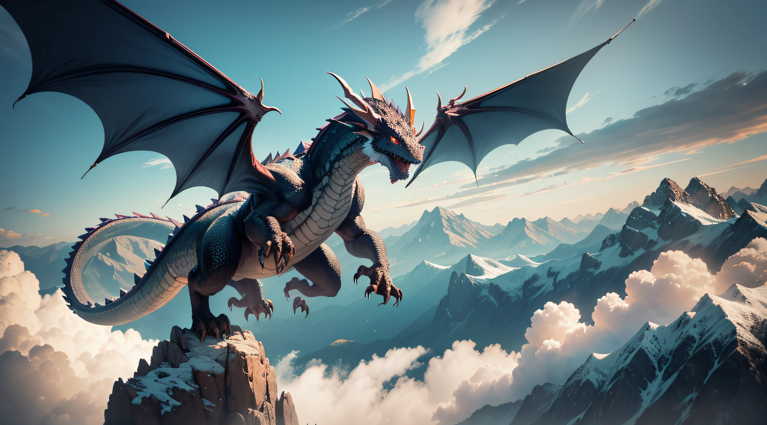 masterpiece, best quality, greg rutkowski, winged dragon, weapon, sword, breathing fire from mouth, fantasy, armor, holding weapon, holding sword, battle, scenery, mountain, outdoors, multiple people , very detailed, high resolution, sharp, sharp image, 4k, 8k,all races in same proportions, all faces and pictures must be different, use all spectre of your different emotions from happiness to anger, do what you want and how you want,