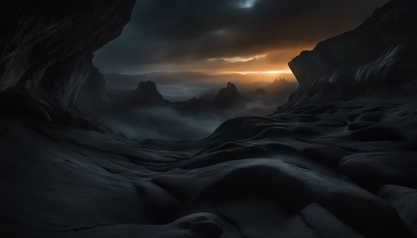 Dark and Sinister Abyss.
A hauntingly beautiful and atmospheric image of a swirling, dark abyss with shadowy tendrils reaching out. The scene is bathed in an eerie, ethereal glow that illuminates the twisted rock formations and adds a touch of mystery. In the distance, dimly glowing demonic eyes peer out from the darkness, their malevolent presence sending shivers down the spine. The overall composition is surreal and captivating, drawing the viewer into the depths of this otherworldly realm.