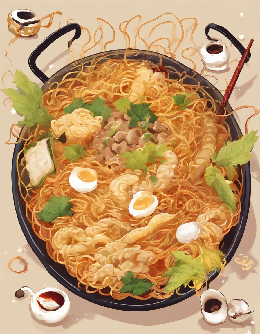 Delicious and tempting spicy noodles,Fresh vegetables are plentiful,The poached egg aroma is overflowing,The brown conch is delicious and delicious,Pepper has a strong flavor,The yellow bamboo shoots are crispy and delicious,The fungus has a delicate taste,Tofu has a good aftertaste,The noodles picked up by chopsticks are fragrant。illustration, tempura,