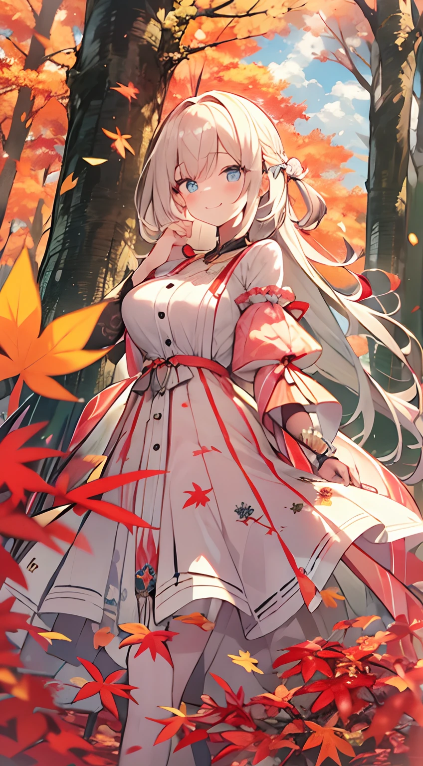 masutepiece, Best Quality,Illustration, Wallpaper, ultra -detail, Absurd beauty, 1beautiful girl、Bright hair color、Glitter and big eyes、Hair fluttering in the wind、ample breasts、♡、Smaller head、Autumn landscape、miscievous smile