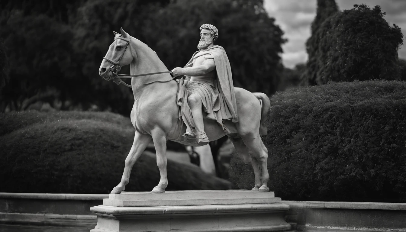 a statue of the stoic Marcus Aurelius in black and white 8K,Face de frente com o nome no fundo estoicismo como destaque, papel de parede super realista, corpo forte, sem camisa, tronco forte
