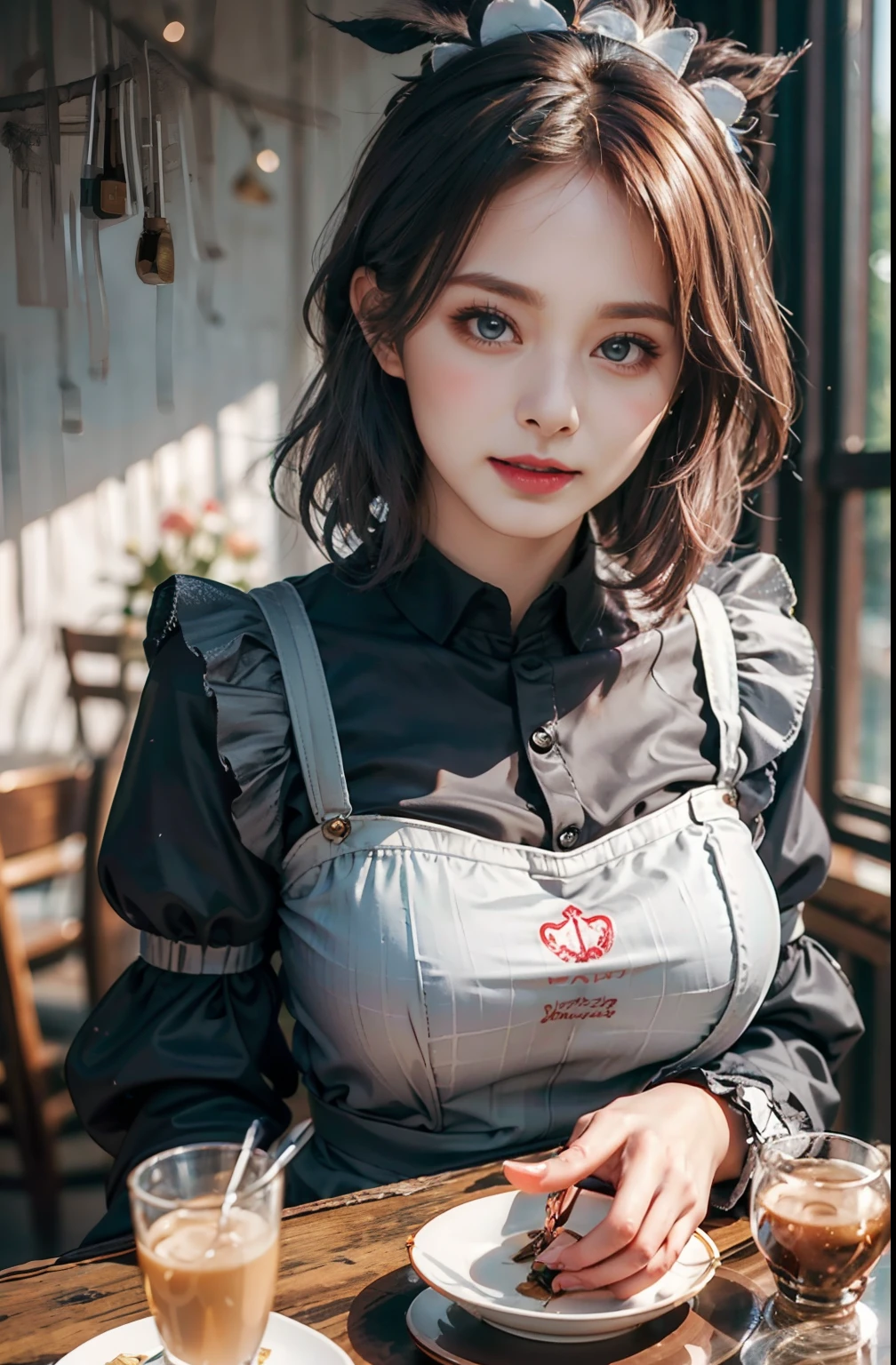(8K, RAW photography, top-quality, tmasterpiece: 1.2), tmasterpiece, Super detail, 超A high resolution, (realistic and realistic photos: 1.37), high-definition RAW color photography, Extremely Delicately Beautiful, The is very detailed, 8K wallpaper, astounding, detaileds, extremely detailed eye, highlydetailed skin, Extremely detailed fingers, Highly detailed nose, highly detail mouth, perfect anatomia,1girl in, aprons, Black dress, Blurry, The background is blurred out, Blurred foreground, Blush, Braid, Breasts, depth of fields, dress, Eyebrows visible through hair, frilld, mitts, hair between eye, Indoors, jewelry, Juliet sleeves, Long sleeves, view the viewer, maid, maid apronl, maid headdress, Puffy sleeves, Short hair, Sitting, Solo, White apron, window, huge boob、hposing Gravure Idol、女優、25 age old、Tall、coffeehouse、dining room、Italy、Americans、Australia