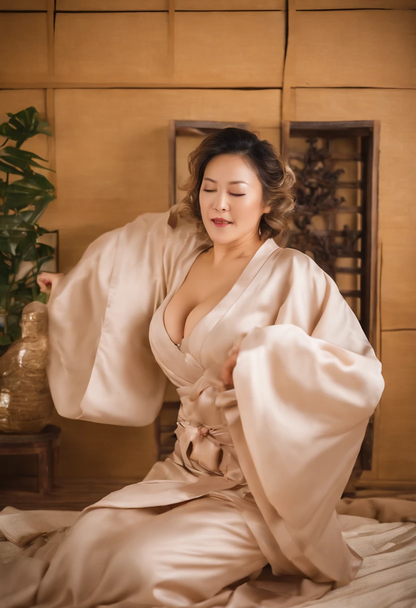 Photo of mature Japanese woman,A MILF,Beautiful face,Curly blonde hair,No bra,visible nipple, wrinkles, oud, Necklace, Crowded paper room, gros-plan, Neutral colors, Barren land,huge-breasted,Round breasts,Big cleavage, Hakata yukata, opening Hakata yukata, grabbing her breasts, breasts showing, ample cleavage, laughing, holding the rubber mask of a man