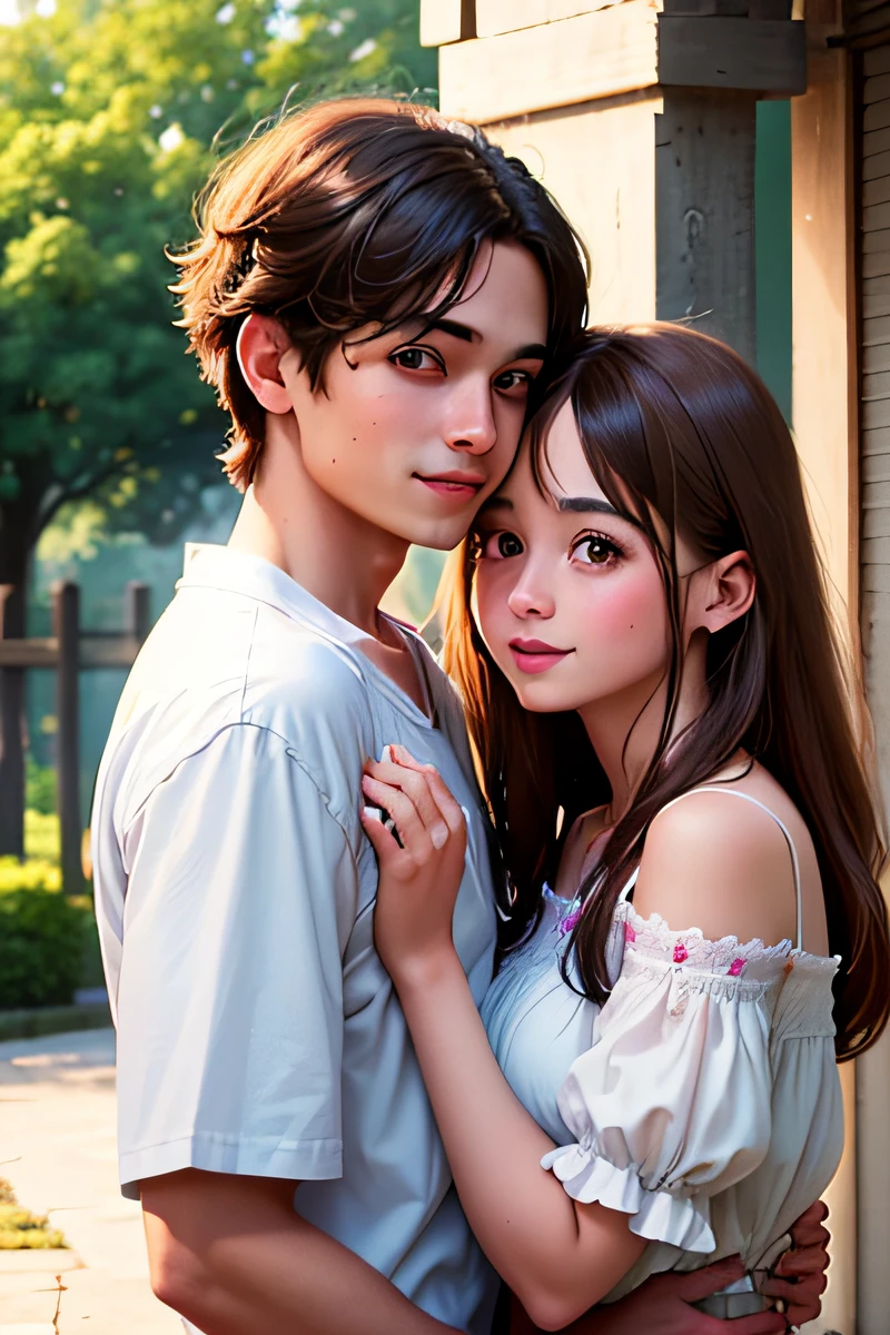 (best quality,ultra-detalhado,Realistic:1.37),menino e menina apaixonados,Estilo anime,casal bonito,bochechas coradas,happy expressions,Holding hands,olhos brilhantes,flowing hair,rostos lindamente detalhados,cores vibrantes,Sakura petals in the background,sunlight filtering through the leaves,Romantic Atmosphere,playful smiles,shy looks,Amor Inocente,moda adolescente,roupas estilosas,dinamic poses,Dia ensolarado em um parque,magical aura,ambiente de sonho,amor no ar,etherial lighting,tons suaves e quentes,Emotional connection,energia alegre,fun and laughter,para sempre juntos. the girl is white of pink camel and red eye the boy with dark hair of blue eye and his skin also white they in the style Japanese manga and remember is a boy and girl