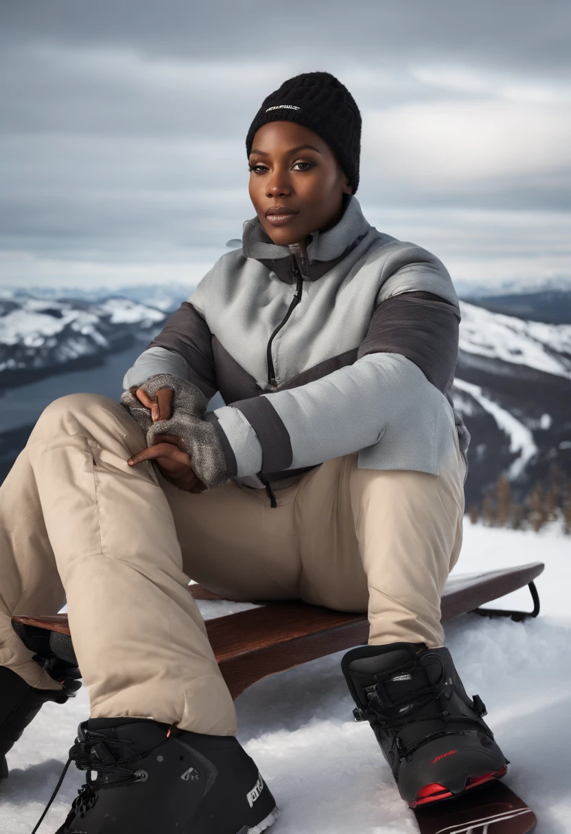 black girl sitting on the snow with his snowboard in the air, holding a snowboard, jason statham skiing, 🌻🎹🎼, by Emma Andijewska, 🦩🪐🐞👩🏻🦳, cold as ice! 🧊, wonderful masterpiece, 🕹️ 😎 🚬, by Magdalene Bärens, minna sundberg